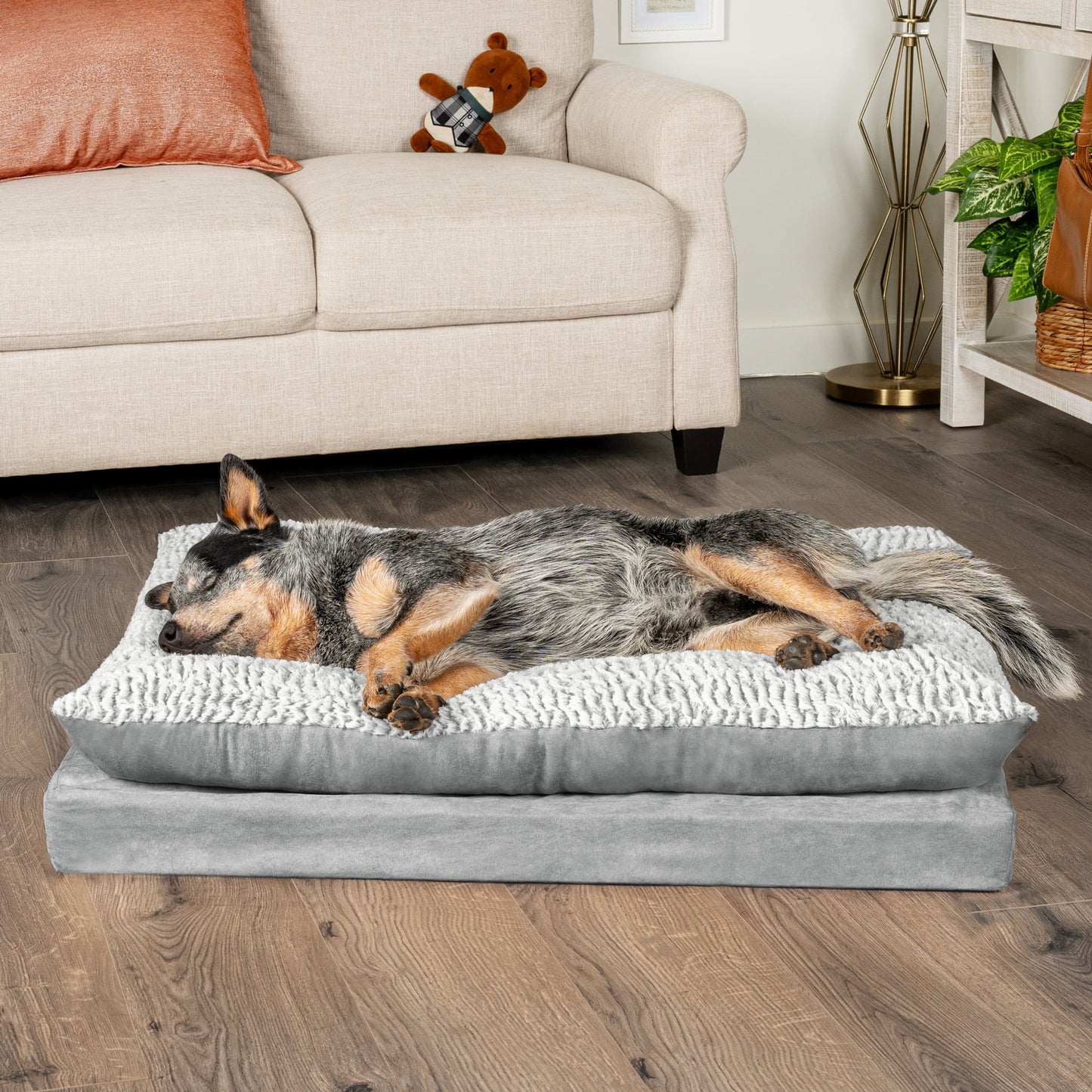 FurHaven Pet Products Embossed Faux Fur & Suede Orthopedic Pillow Top Mattress Pet Bed for Dogs & Cats - Gray, Large