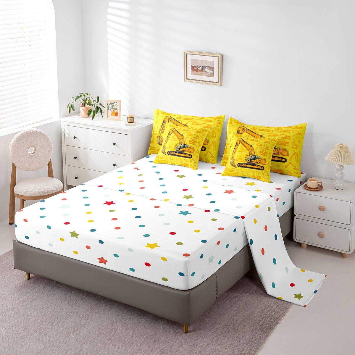 7 Piece Excavator Twin Size Bed in a Bag Cartoon Car Bedding Sets Construction Machinery Truck Comforter Set with Sheets Equipment Tractor Bed Set Ngineering Vehicle Print Sheets