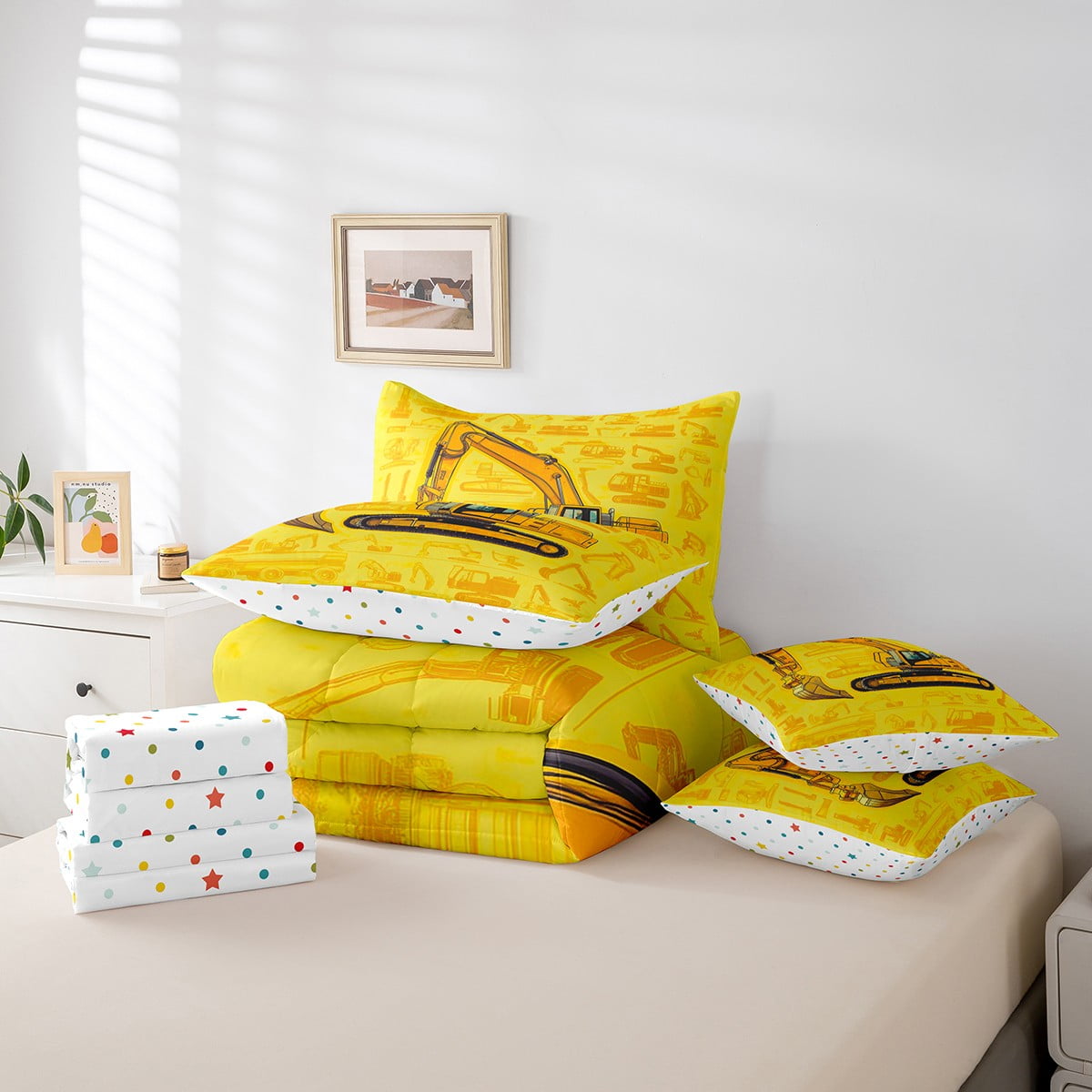 7 Piece Excavator Twin Size Bed in a Bag Cartoon Car Bedding Sets Construction Machinery Truck Comforter Set with Sheets Equipment Tractor Bed Set Ngineering Vehicle Print Sheets