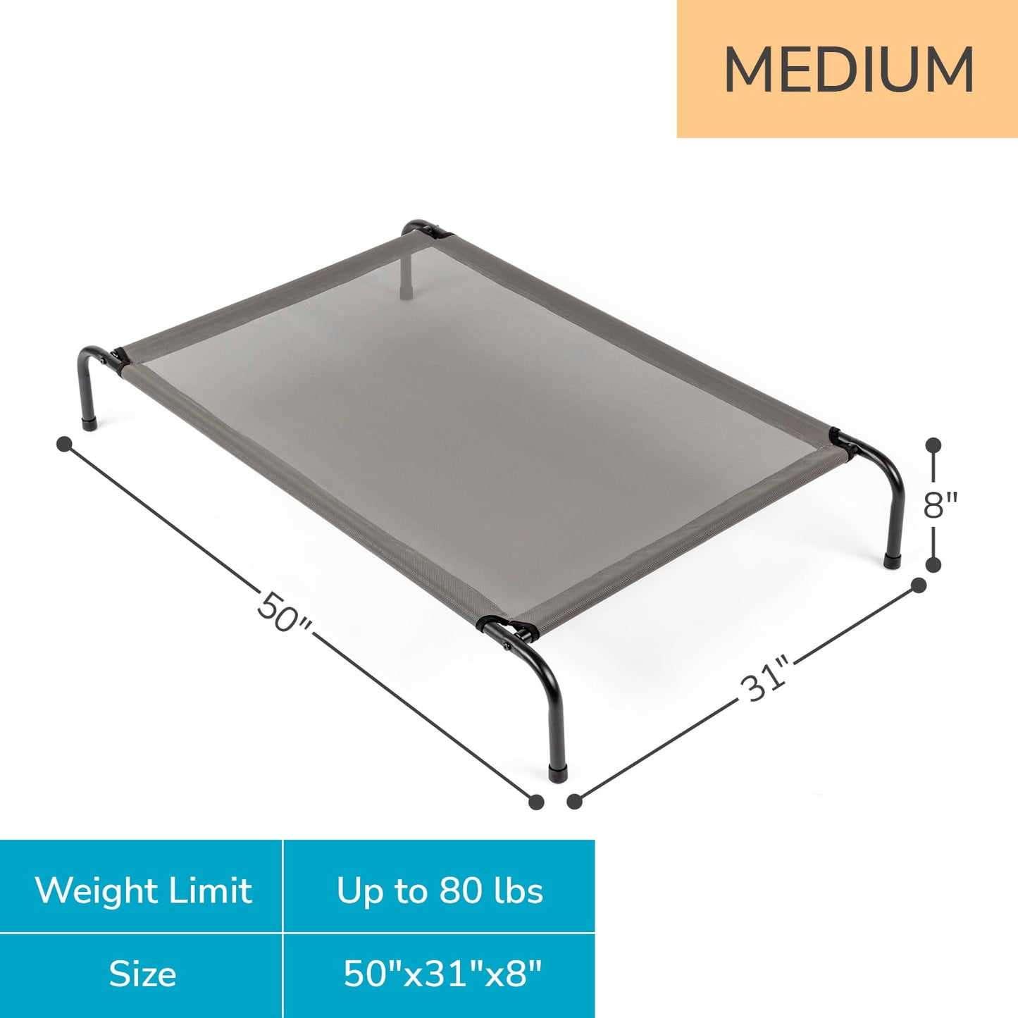 IVV Cooling Elevated Dog Bed with Metal Frame, Large, 50"L x 31"W x 8"H, Gray