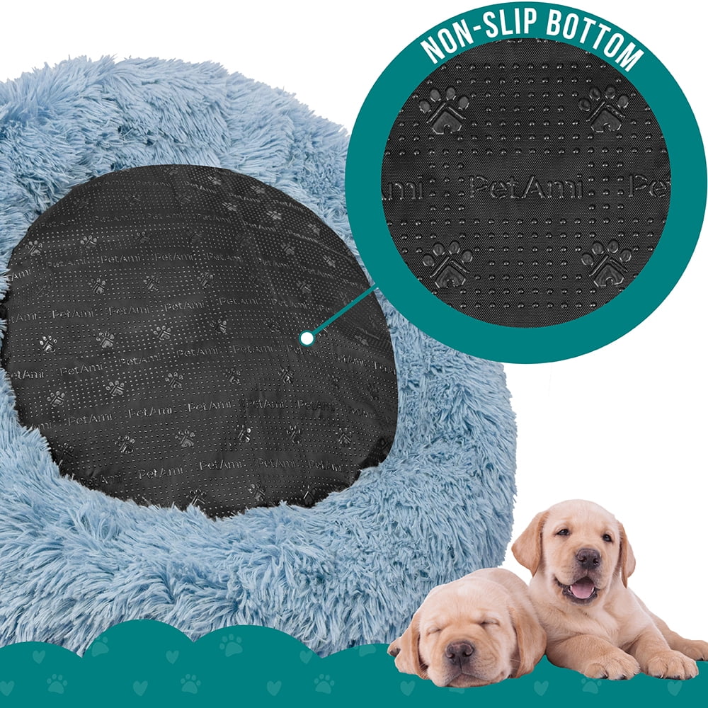 PetAmi Calming Dog Bed for Small Medium Dog Cat, Round Donut Dog Bed Washable, Fluffy Faux Fur Plush Cuddler Pet Kitten Cushion Bed, Anti-Slip, Fits up to 25 lbs, 23 inch, Dusty Blue