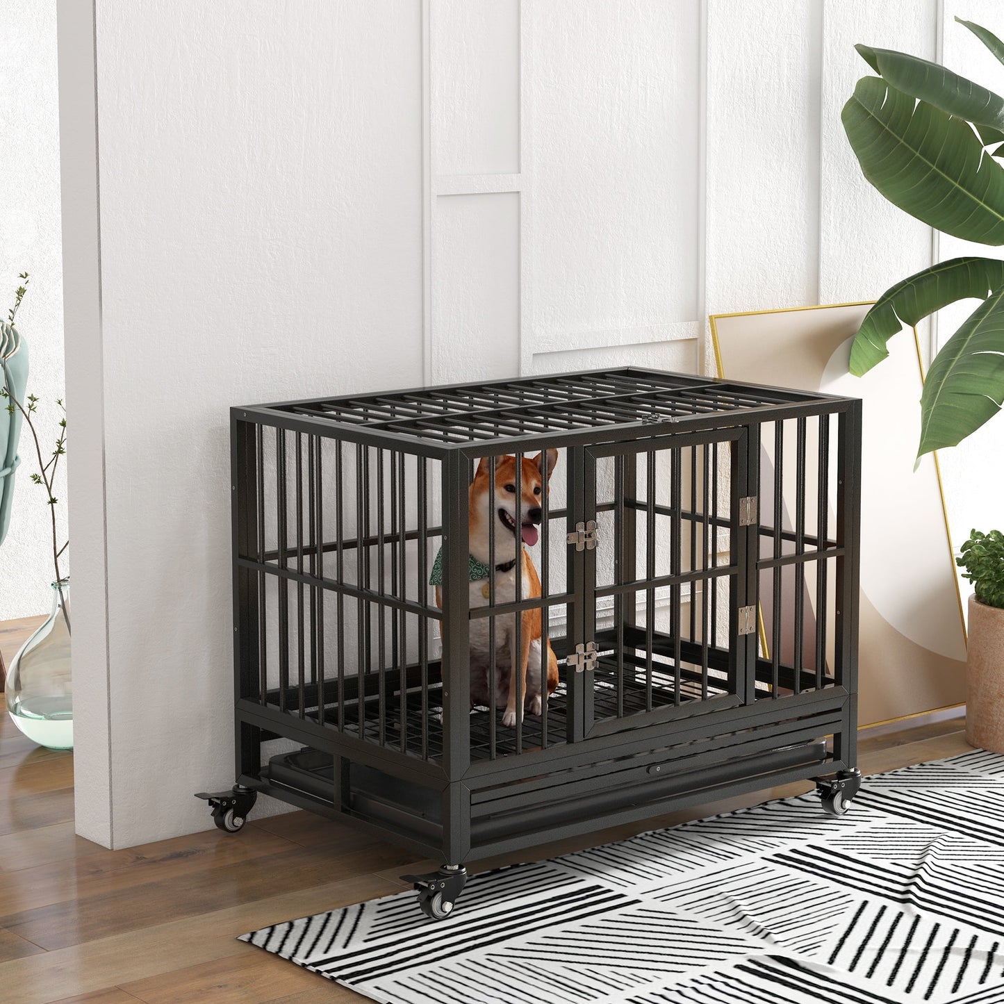 DUOSONG Pawhut 36" Heavy Duty Dog Crate Metal Cage Kennel With Lockable Wheels, Double Door And Removable Tray, Gray Grey Steel Pet Supplies Pet Beds & Furniture