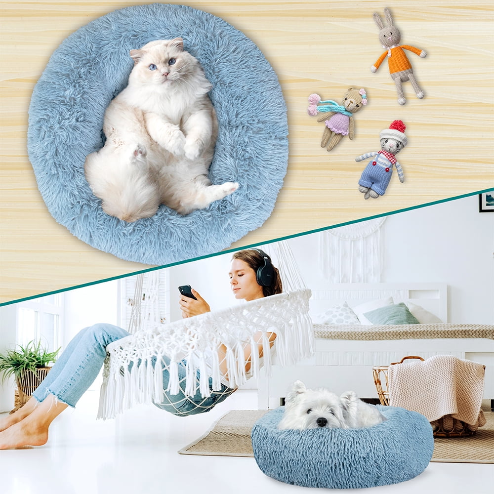 PetAmi Calming Dog Bed for Small Medium Dog Cat, Round Donut Dog Bed Washable, Fluffy Faux Fur Plush Cuddler Pet Kitten Cushion Bed, Anti-Slip, Fits up to 25 lbs, 23 inch, Dusty Blue