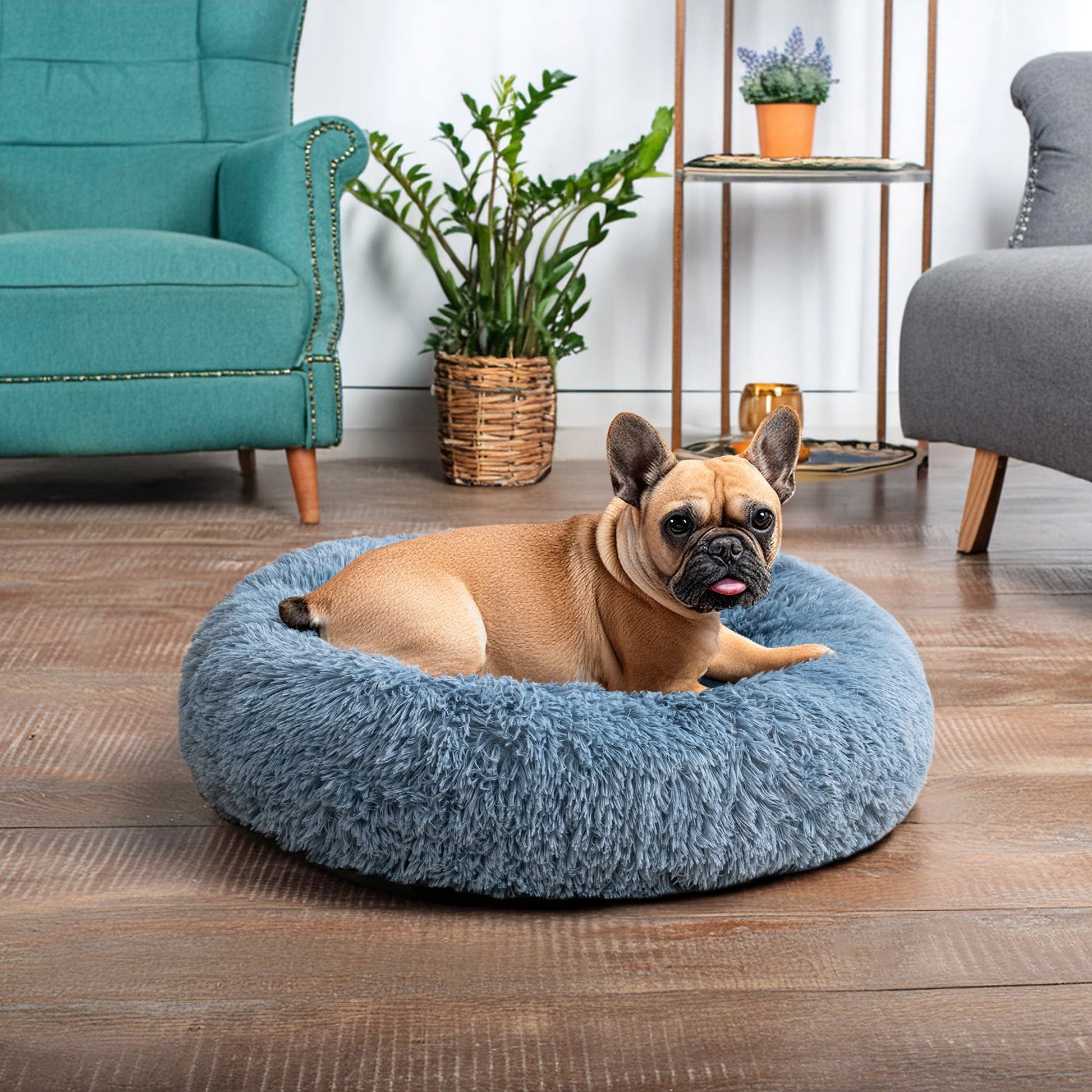 PetAmi Calming Dog Bed for Small Medium Dog Cat, Round Donut Dog Bed Washable, Fluffy Faux Fur Plush Cuddler Pet Kitten Cushion Bed, Anti-Slip, Fits up to 25 lbs, 23 inch, Dusty Blue