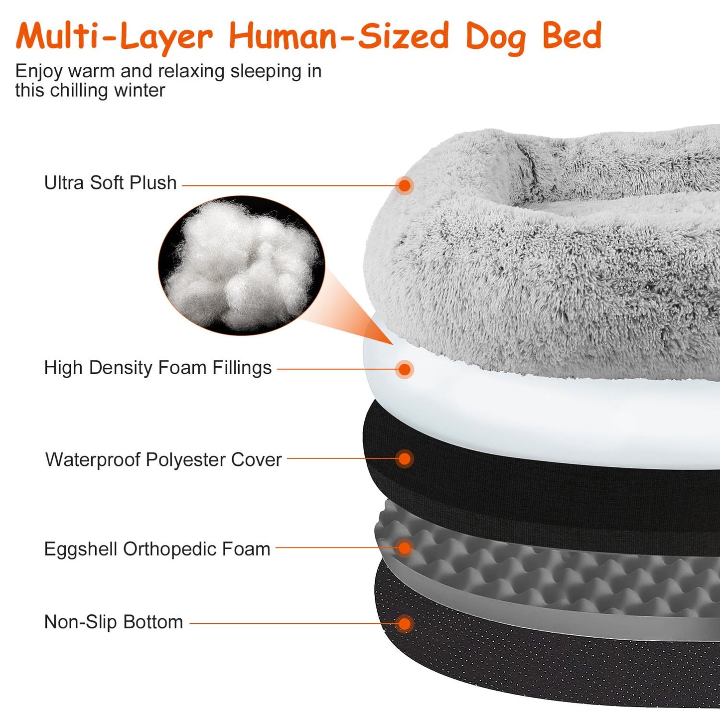 71x45x10in Human Size Dog Bed with Pillow Foldable Removable Flurry Plush Large Napping Bed for Kids Adults Pets Grey