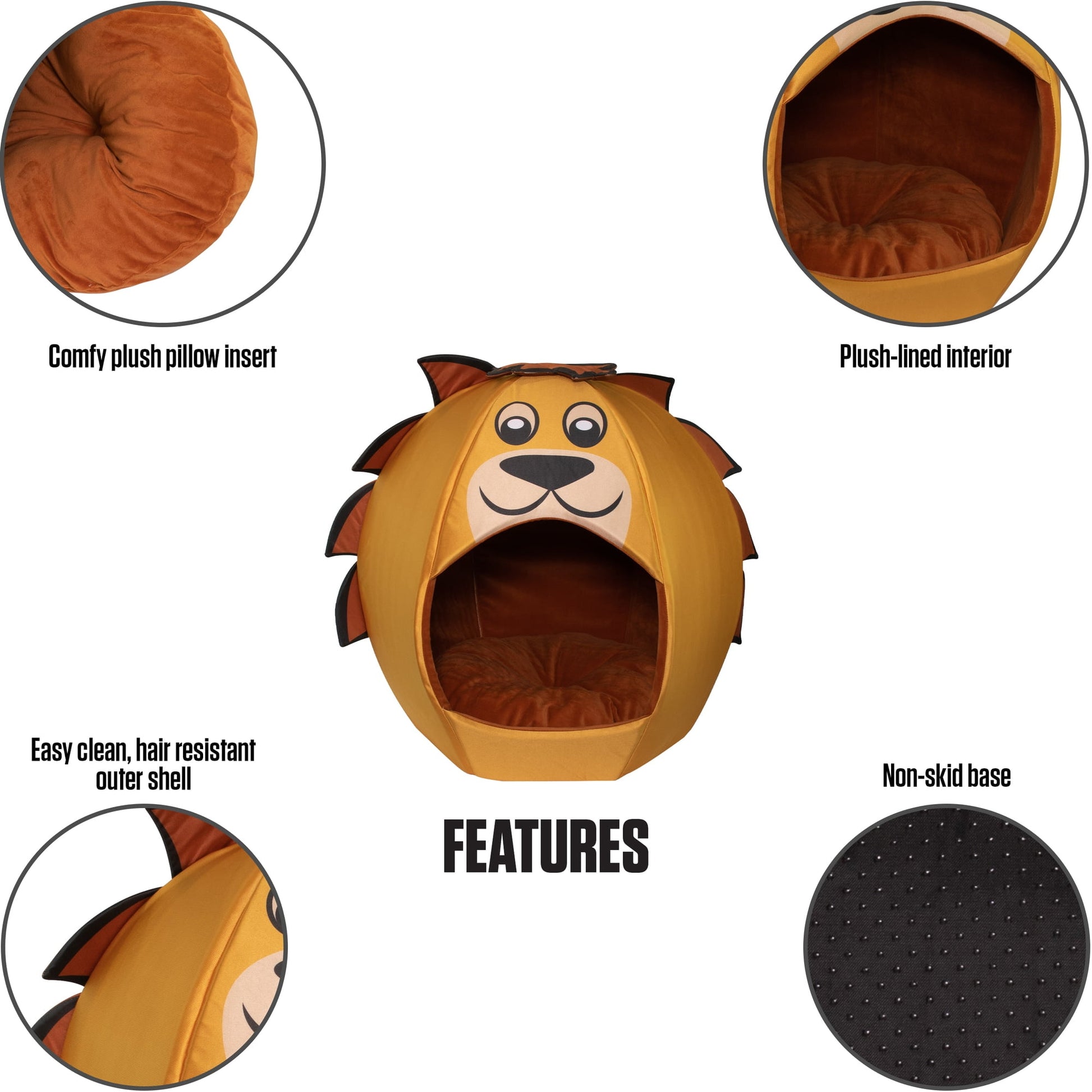 Maccabi Art: Pet Friends Igloo Bed: Small - Lion - Animal Face Bed, Cozy Dome, Small Dogs, Cats & Puppies, 16x16x18",  Removable Machine-Washable Pad