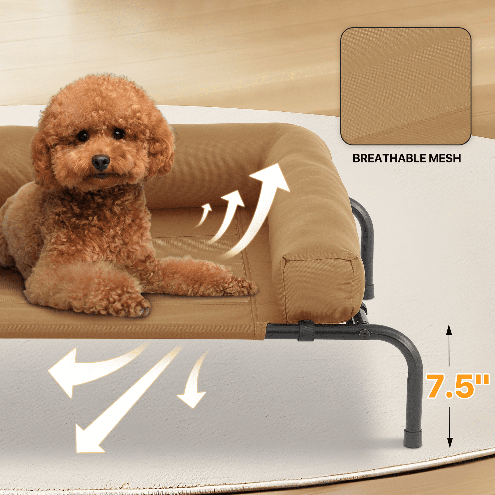 MoNiBloom Mult-size Elevated Dog Bed, Portable Raised Pet Cot with Bolster, Breathable Mesh, Skid-Resistant Feet for Small Pet, Light Brown