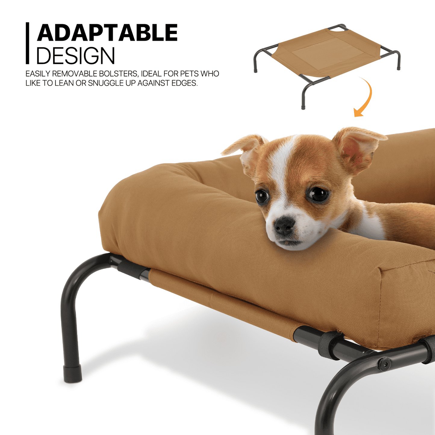 MoNiBloom Mult-size Elevated Dog Bed, Portable Raised Pet Cot with Bolster, Breathable Mesh, Skid-Resistant Feet for Small Pet, Light Brown