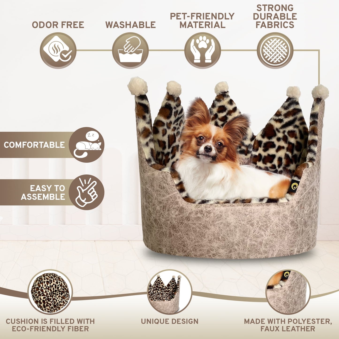 Precious Tails Luxury Leopard Print Crown-Shaped Bed for Small Dogs and Cats - Cozy, Stylish, and Plush Pet Bedding with Royal Design