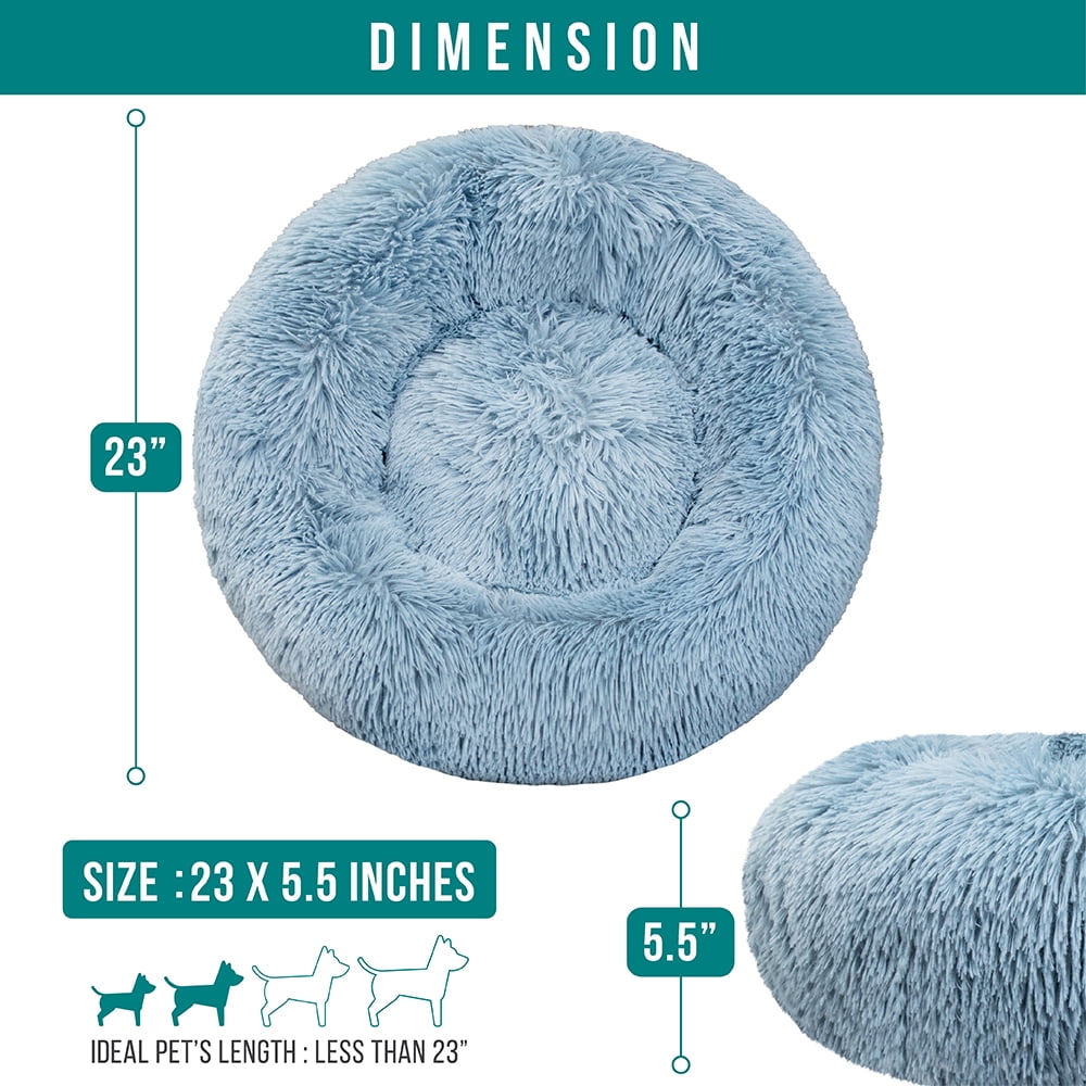 PetAmi Calming Dog Bed for Small Medium Dog Cat, Round Donut Dog Bed Washable, Fluffy Faux Fur Plush Cuddler Pet Kitten Cushion Bed, Anti-Slip, Fits up to 25 lbs, 23 inch, Dusty Blue