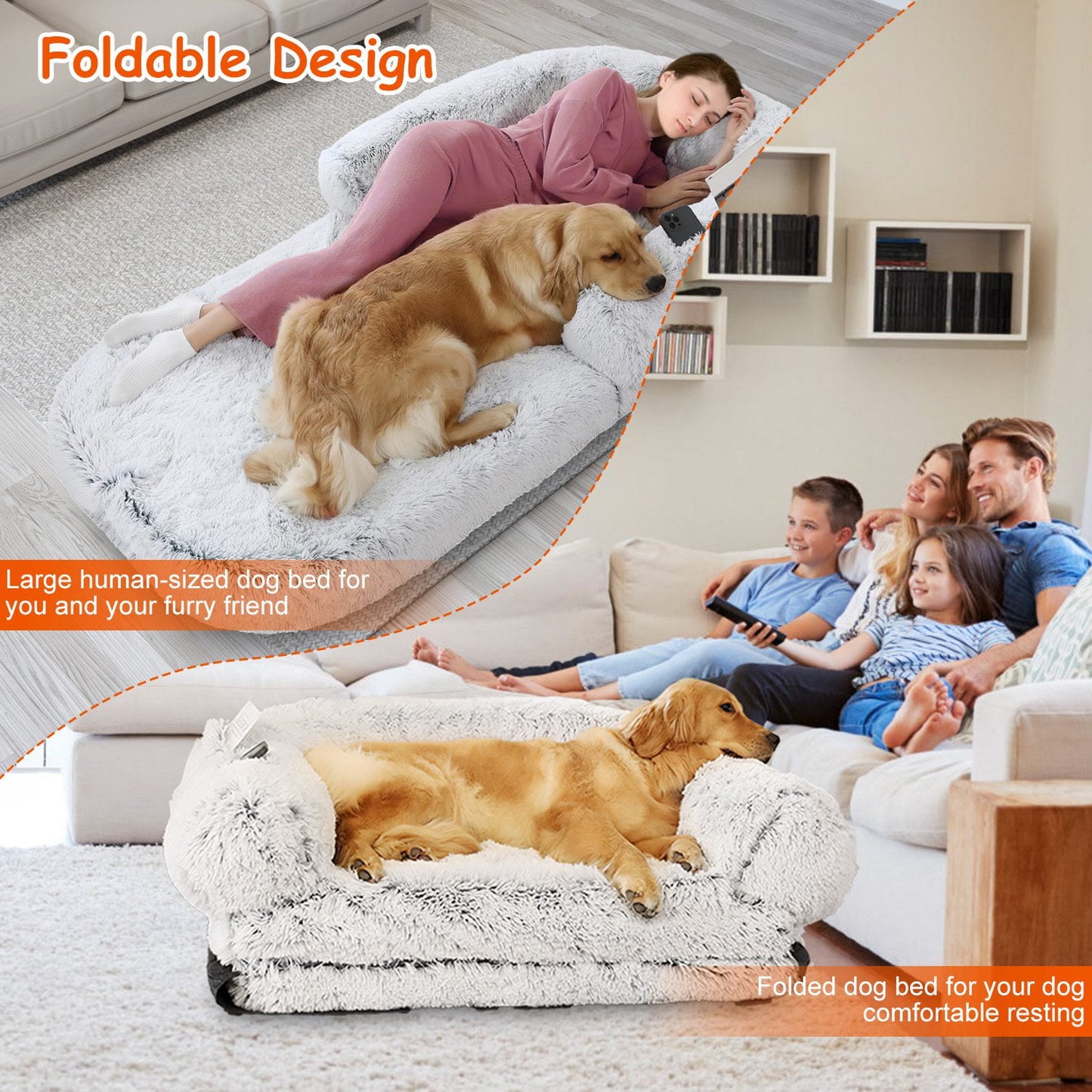 71x45x10in Human Size Dog Bed with Pillow Foldable Removable Flurry Plush Large Napping Bed for Kids Adults Pets Grey