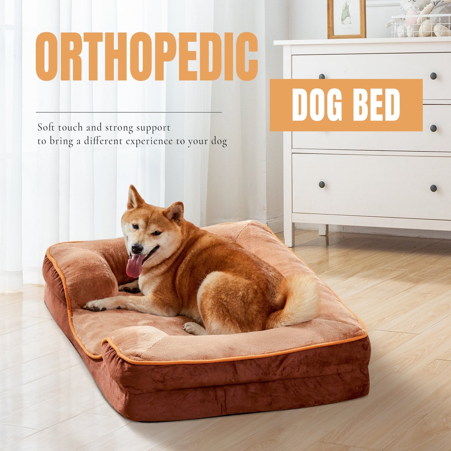 GIANNA 28"x23" Supportive Memory Foam Orthopedic Dog Bed, With Washable Removable Cover, Non-Slip Base, Waterproof, Brown
