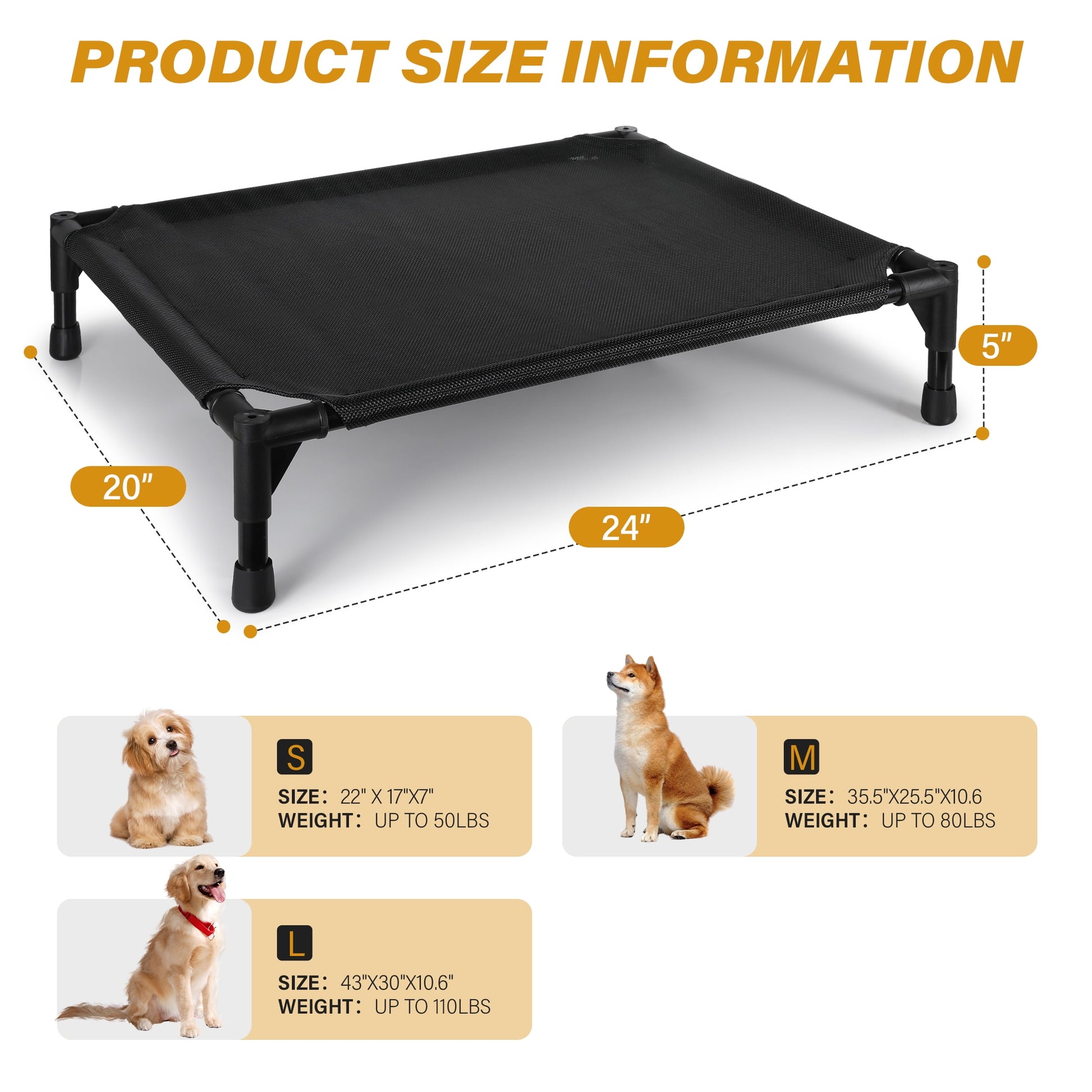Onekawa Elevated Pet Bed,Portable Raised Pet Cot with Washabl Mesh,Medium 24'' X 20'' X 5''  for Dogs Cats,Black