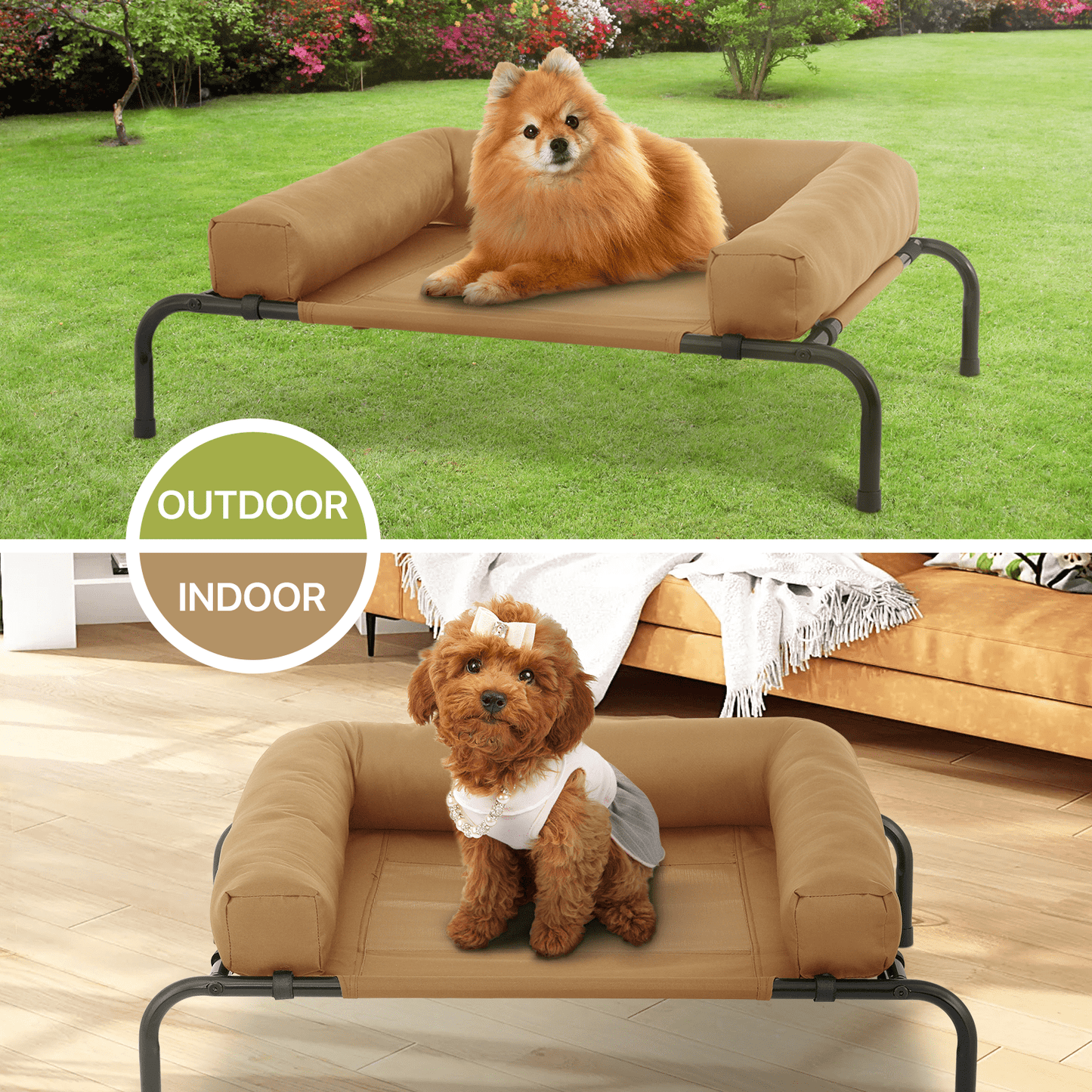 MoNiBloom Mult-size Elevated Dog Bed, Portable Raised Pet Cot with Bolster, Breathable Mesh, Skid-Resistant Feet for Small Pet, Light Brown