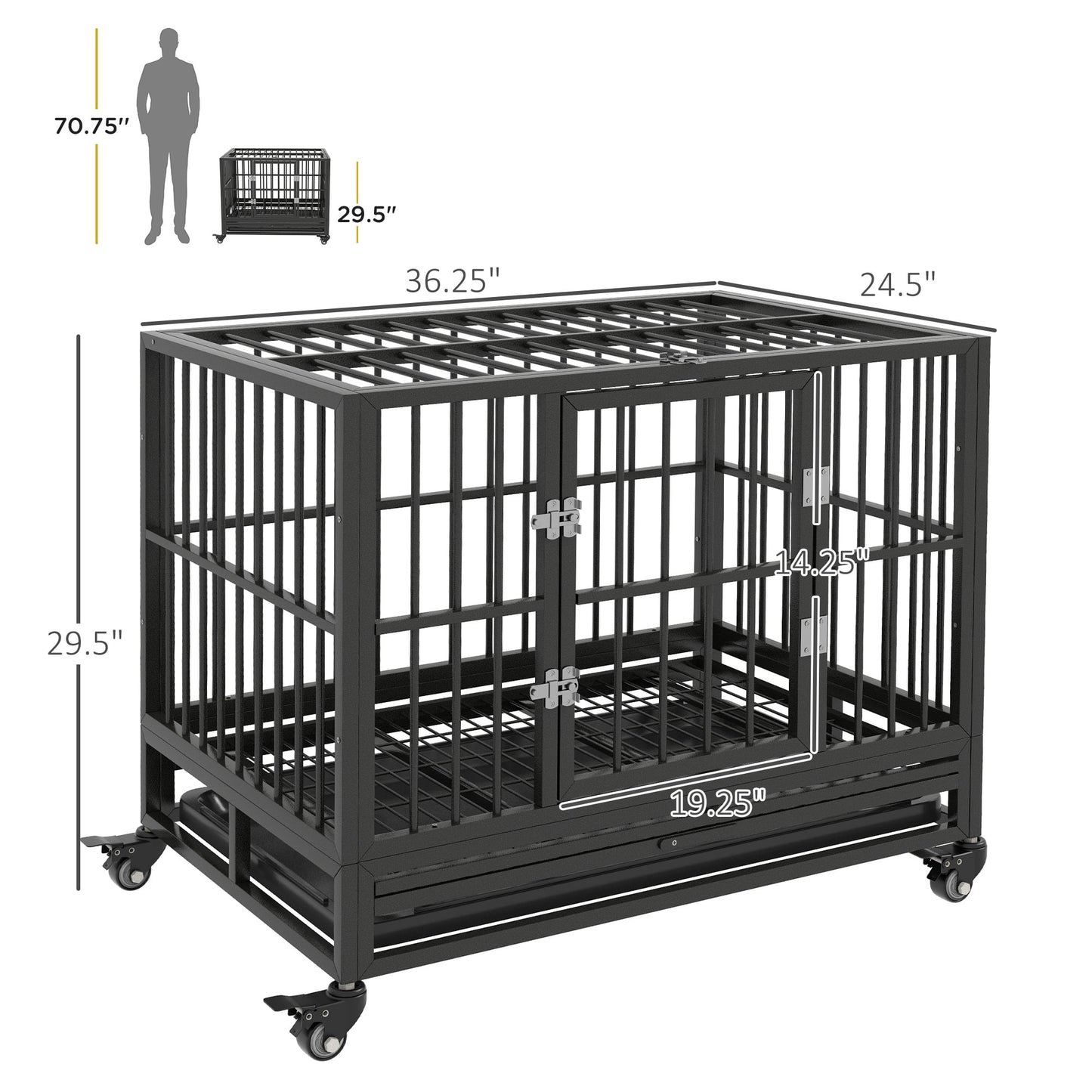 DUOSONG Pawhut 36" Heavy Duty Dog Crate Metal Cage Kennel With Lockable Wheels, Double Door And Removable Tray, Gray Grey Steel Pet Supplies Pet Beds & Furniture