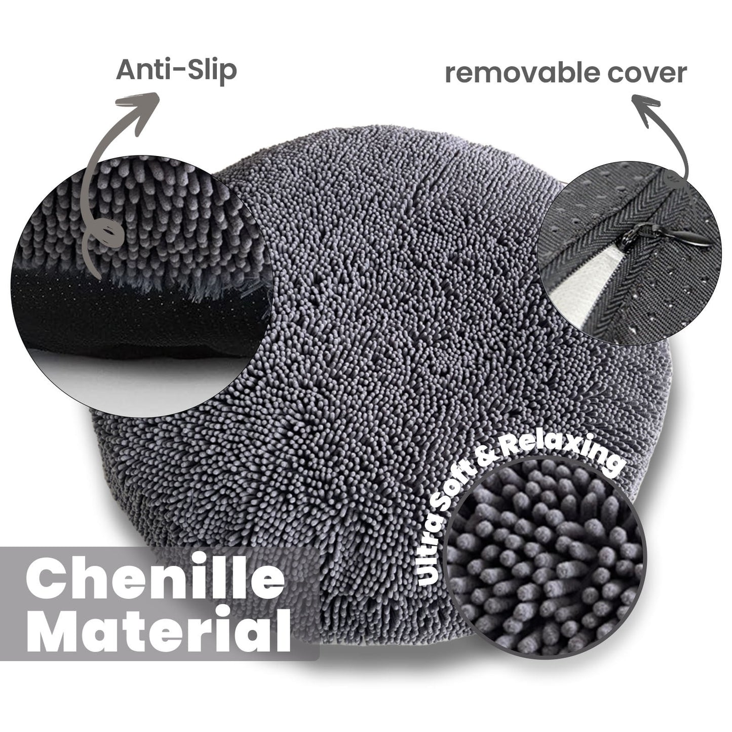 Muddy Mat® Cloud K-9 Bed for Dogs & Cats, Soft & Relaxing Round Dog Bed, Chenille Material, Removable Cover, Washable & Dryer Safe–Grey Large(40"x40")