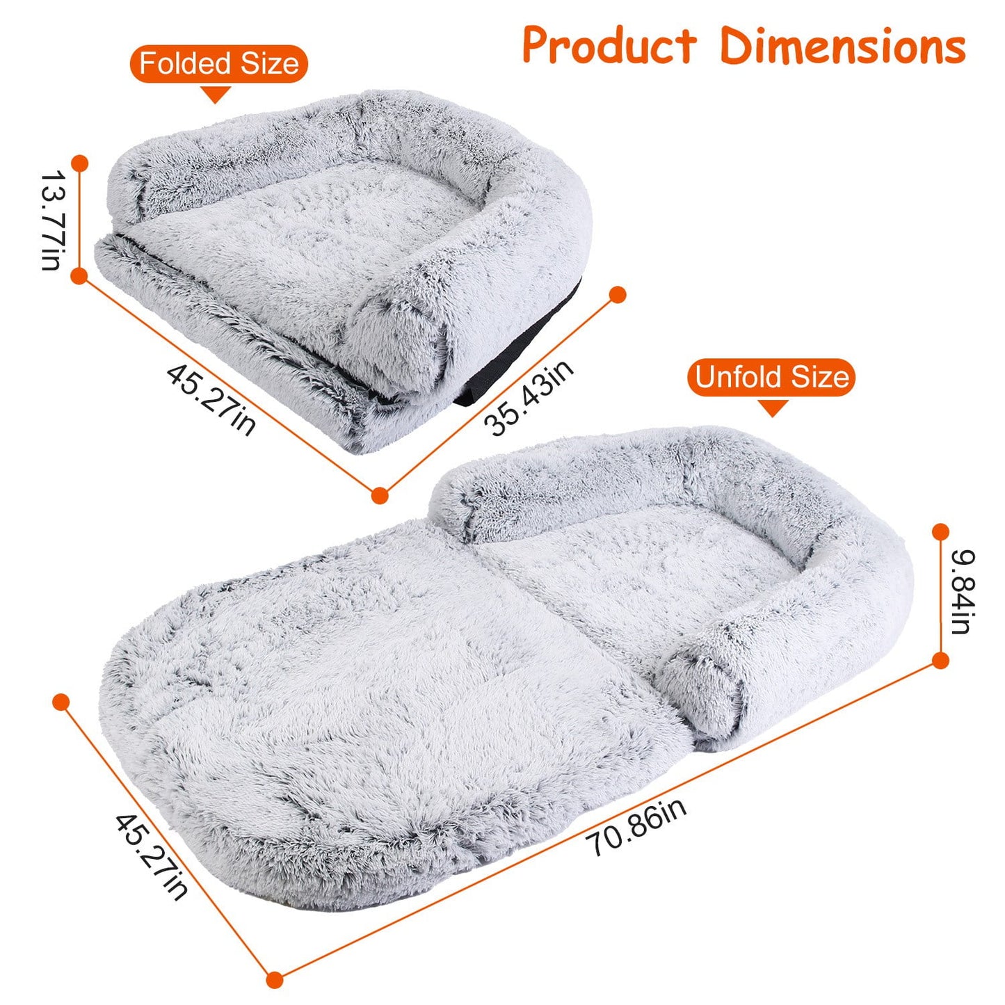 71x45x10in Human Size Dog Bed with Pillow Foldable Removable Flurry Plush Large Napping Bed for Kids Adults Pets Grey