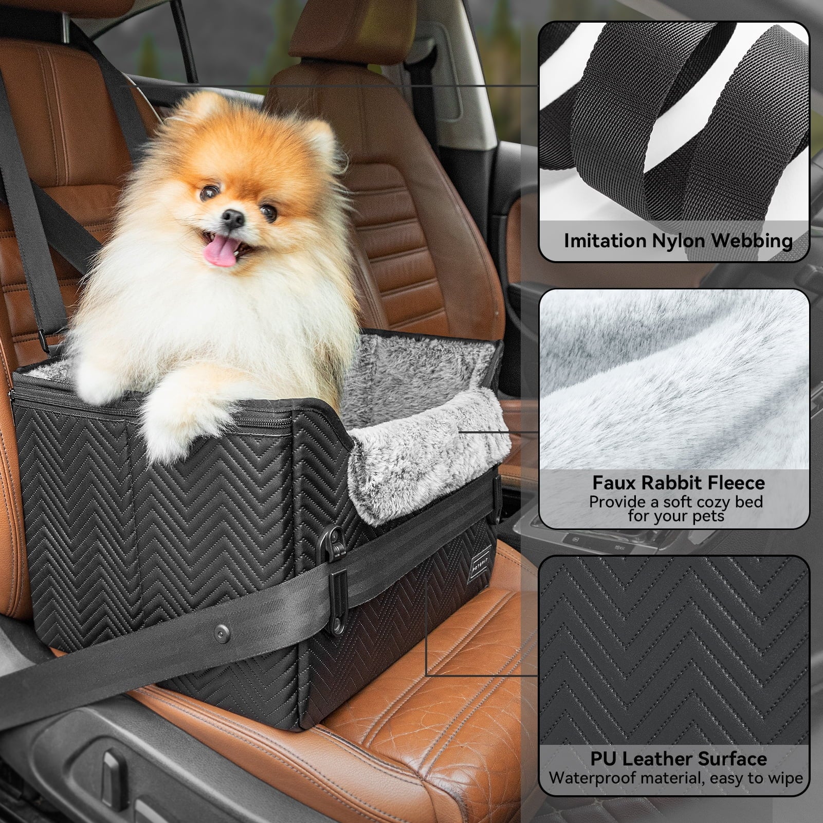 PETSFIT Dog Car Seat, Waterproof PU Leather Dog Carseat with Patent Safe Buckles, Clip-On Leash, Pet Travel Carrier Bed for Small Pets Up to 25lbs (Black)