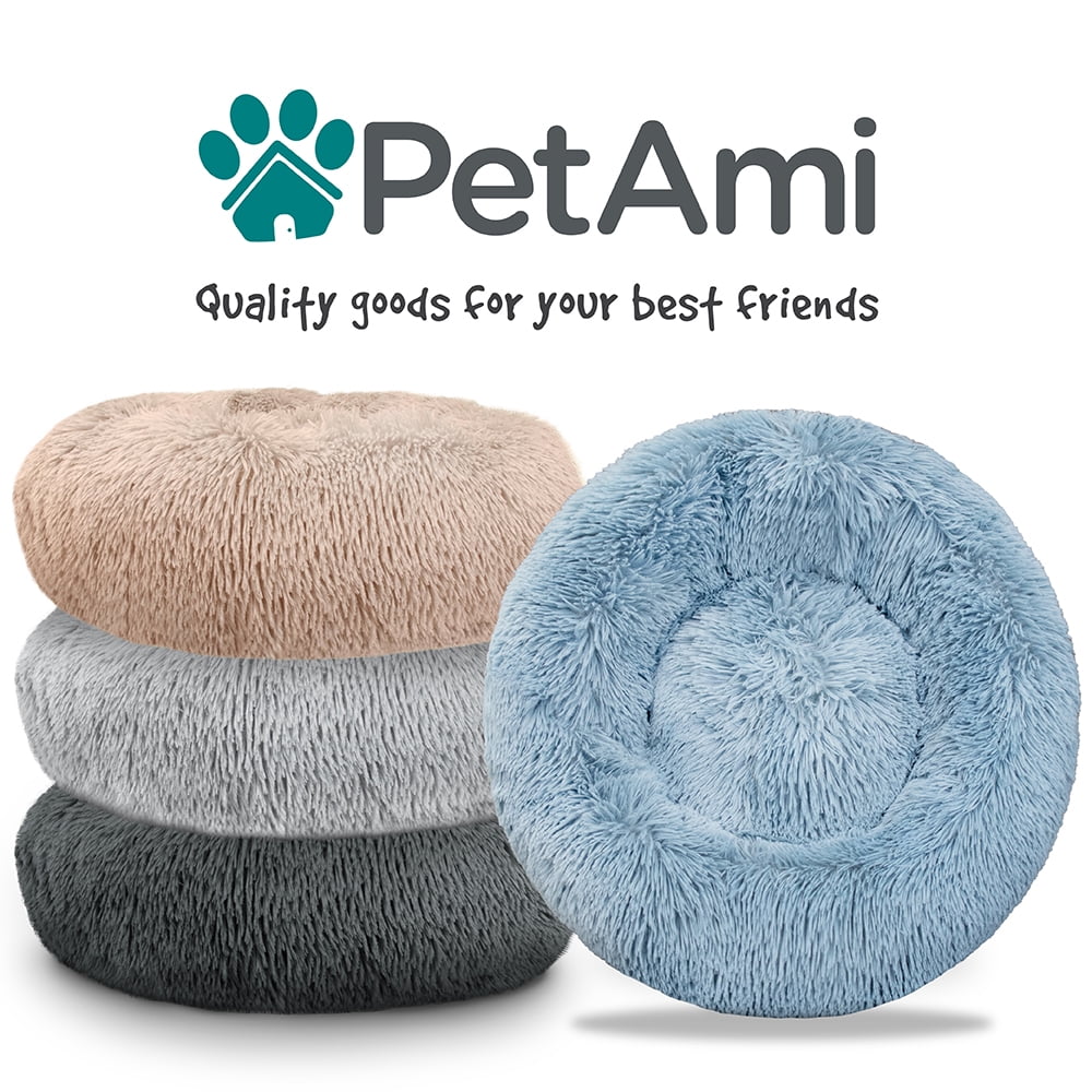 PetAmi Calming Dog Bed for Small Medium Dog Cat, Round Donut Dog Bed Washable, Fluffy Faux Fur Plush Cuddler Pet Kitten Cushion Bed, Anti-Slip, Fits up to 25 lbs, 23 inch, Dusty Blue