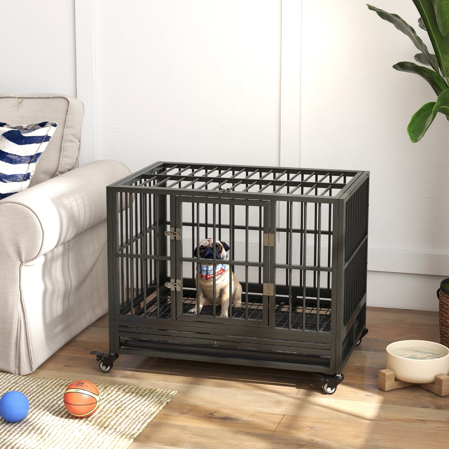 DUOSONG Pawhut 36" Heavy Duty Dog Crate Metal Cage Kennel With Lockable Wheels, Double Door And Removable Tray, Gray Grey Steel Pet Supplies Pet Beds & Furniture