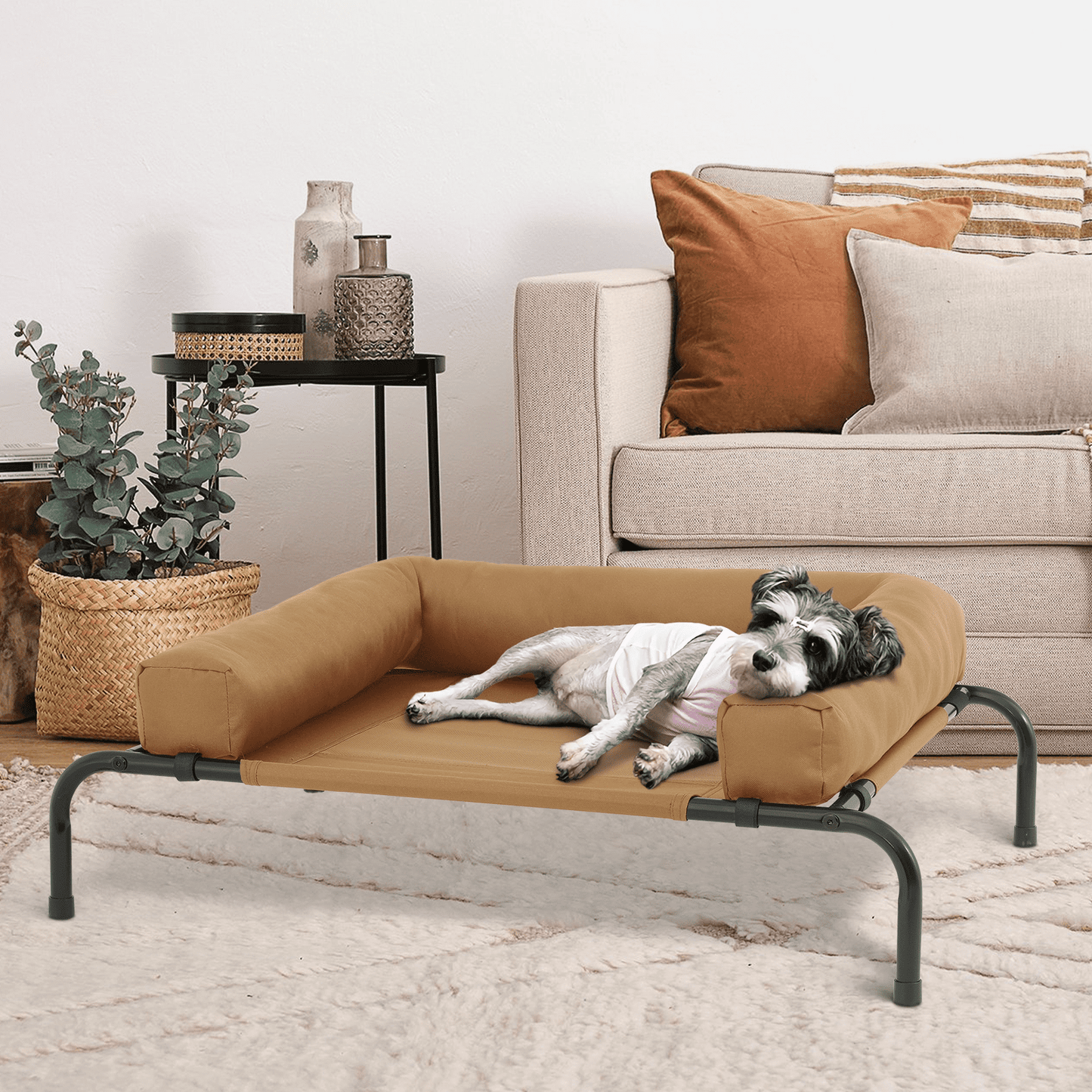 MoNiBloom Mult-size Elevated Dog Bed, Portable Raised Pet Cot with Bolster, Breathable Mesh, Skid-Resistant Feet for Small Pet, Light Brown