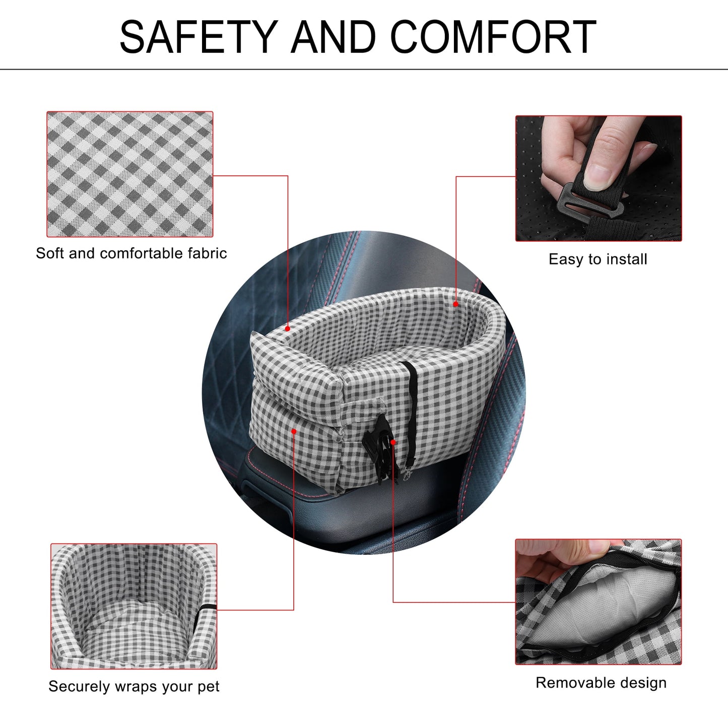 Unique Bargains Dog Car Seat Adjustable Straps Plaid Style for Medium Small Sized Puppy Cat Seat Travel Bed Black White