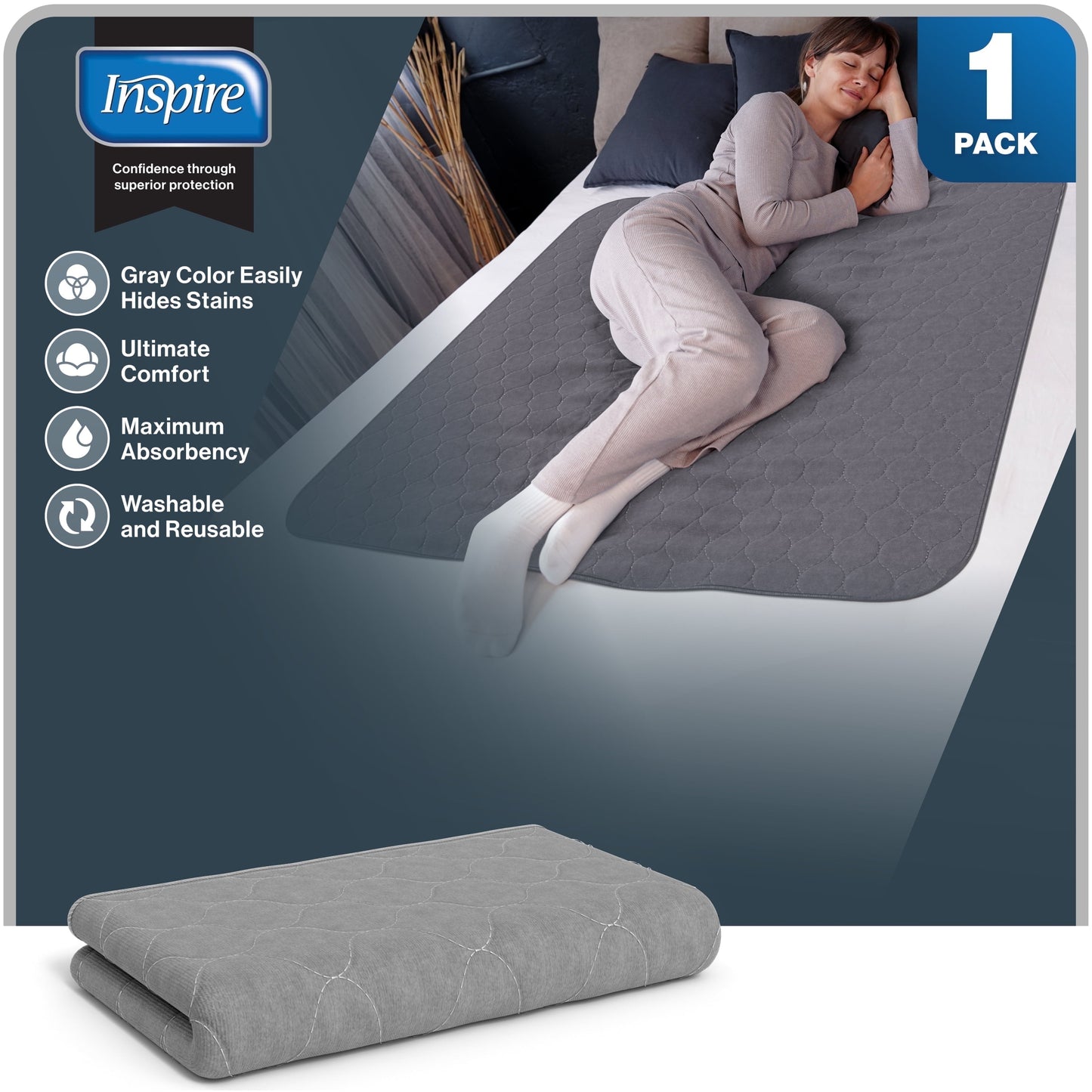 Inspire Underpads, Reusable Bed Pads Washable Waterproof, Comfort Fit, Extra Long 34 x 52 (1 Count)