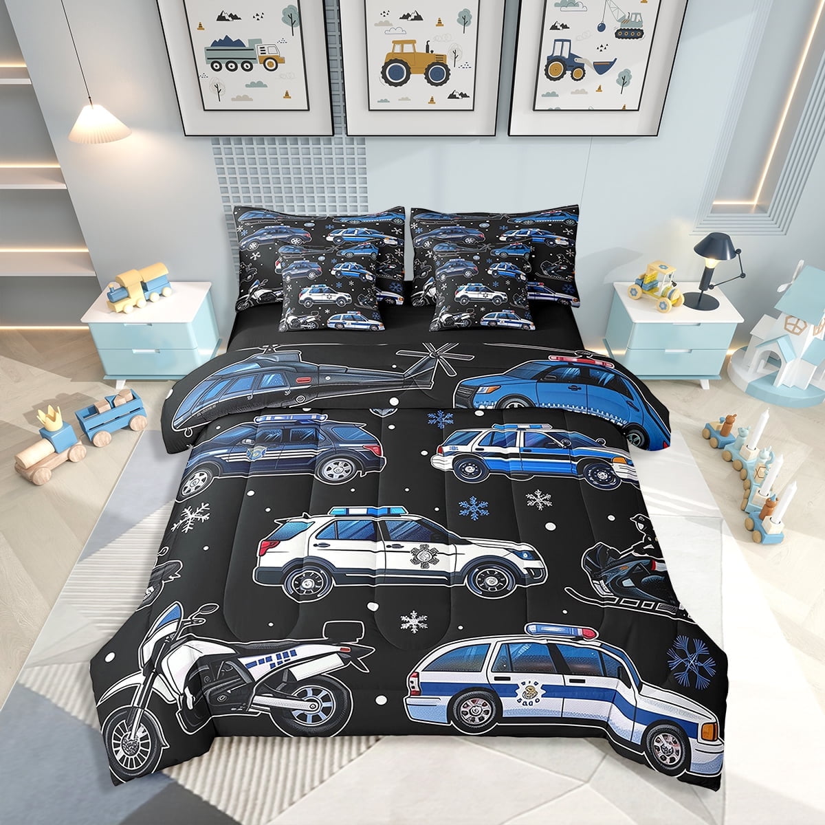 7 Piece Excavator Twin Size Bed in a Bag Cartoon Car Bedding Sets Construction Machinery Truck Comforter Set with Sheets Equipment Tractor Bed Set Ngineering Vehicle Print Sheets