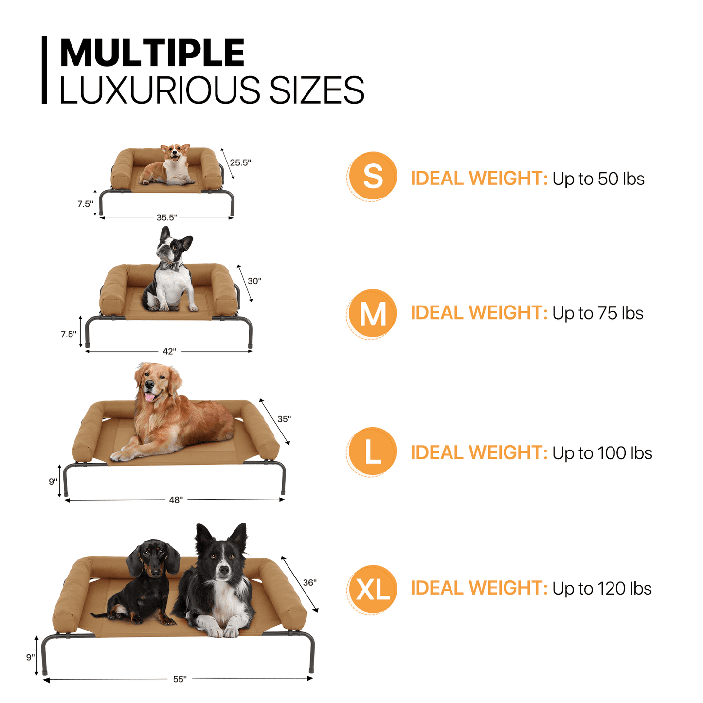 MoNiBloom Mult-size Elevated Dog Bed, Portable Raised Pet Cot with Bolster, Breathable Mesh, Skid-Resistant Feet for Small Pet, Light Brown