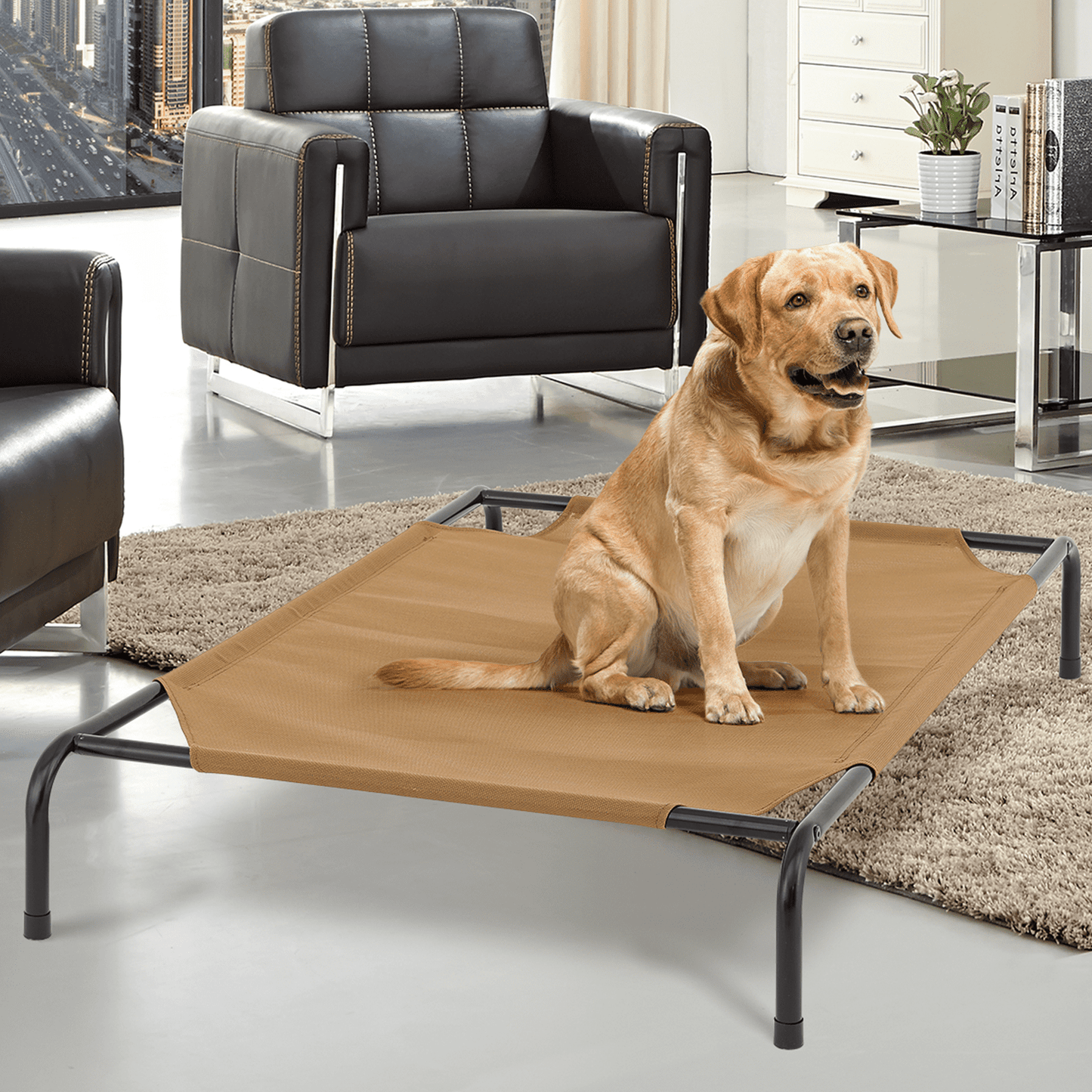 Magshion Elevated Dog Bed, Portable Indoor & Outdoor Pet Hammock Bed, Raised Dog Bed with Breathable Mesh, Light Brown, 49.5"