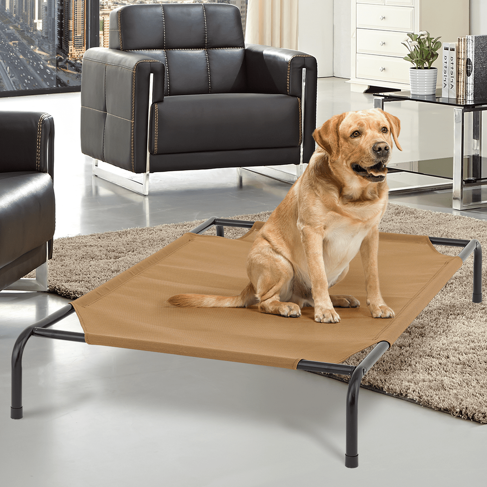 Magshion Elevated Dog Bed, Portable Indoor & Outdoor Pet Hammock Bed, Raised Dog Bed with Breathable Mesh, Light Brown, 49.5"
