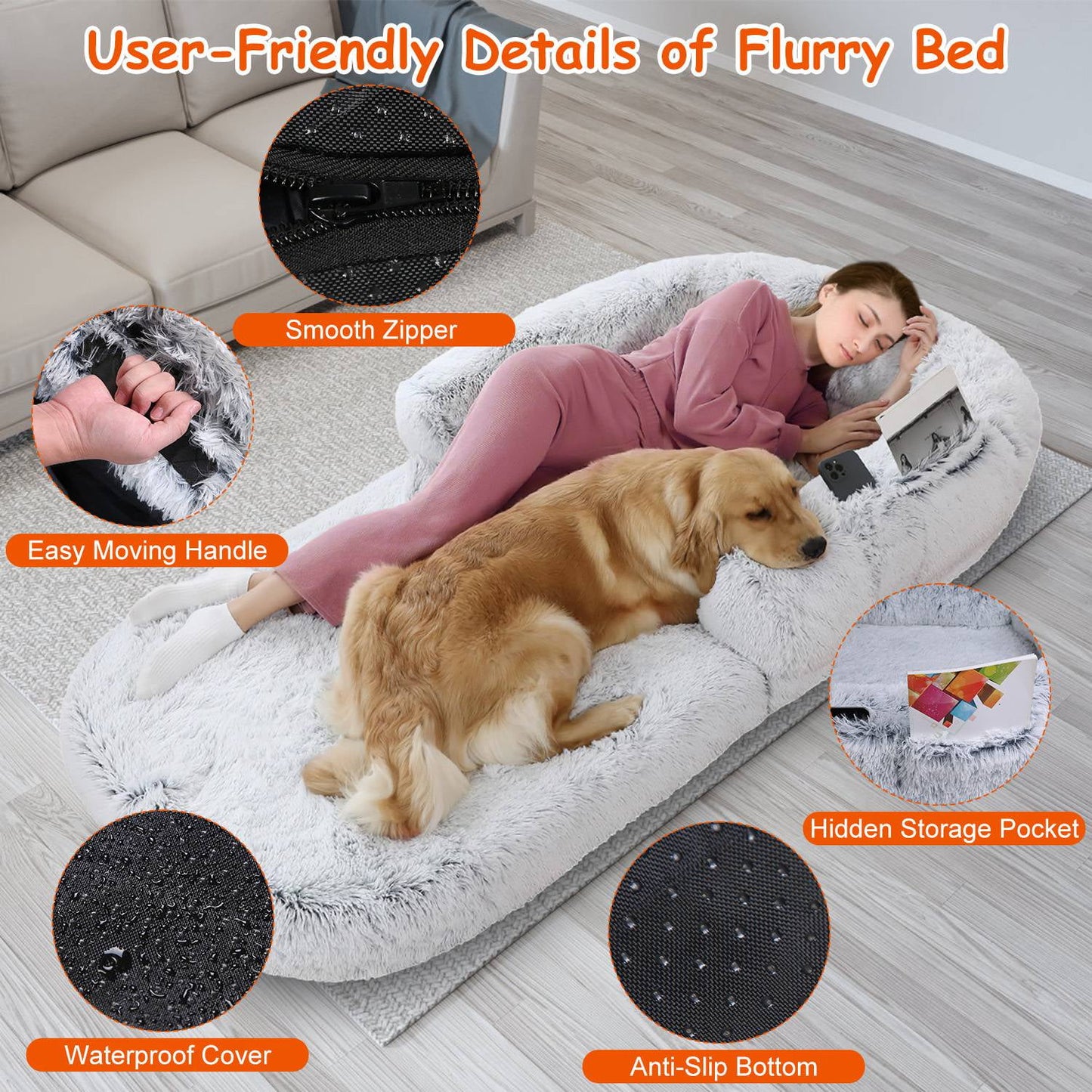 71x45x10in Human Size Dog Bed with Pillow Foldable Removable Flurry Plush Large Napping Bed for Kids Adults Pets Grey