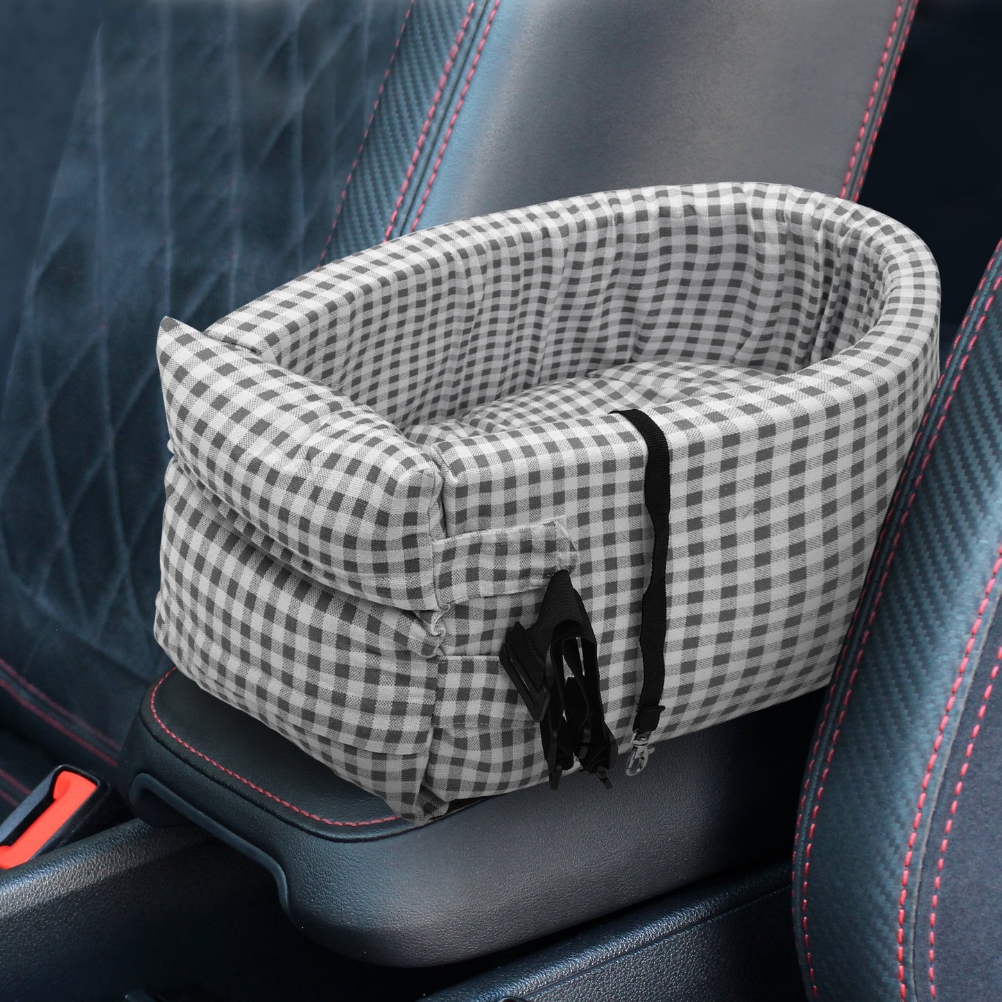 Unique Bargains Dog Car Seat Adjustable Straps Plaid Style for Medium Small Sized Puppy Cat Seat Travel Bed Black White