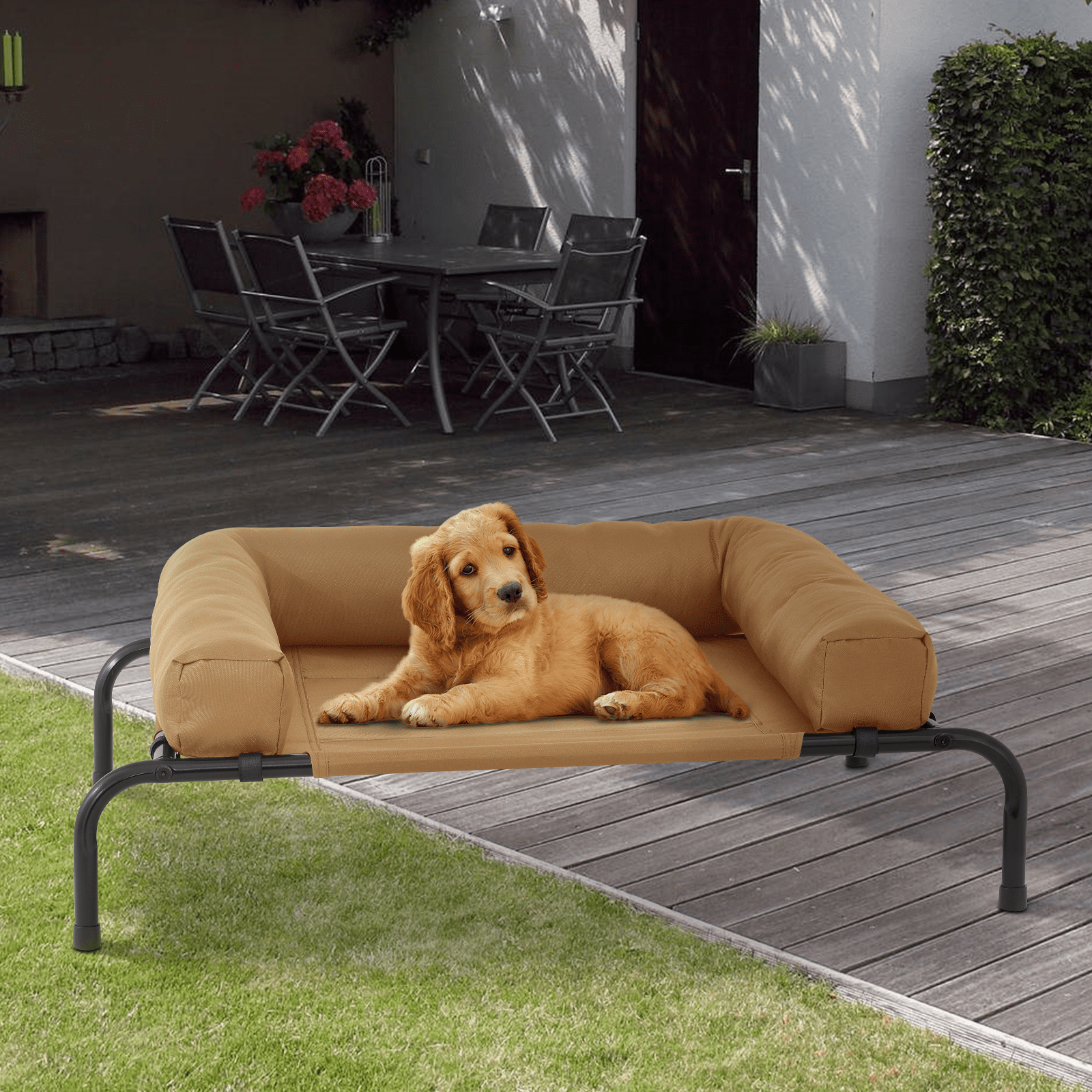 MoNiBloom Mult-size Elevated Dog Bed, Portable Raised Pet Cot with Bolster, Breathable Mesh, Skid-Resistant Feet for Small Pet, Light Brown