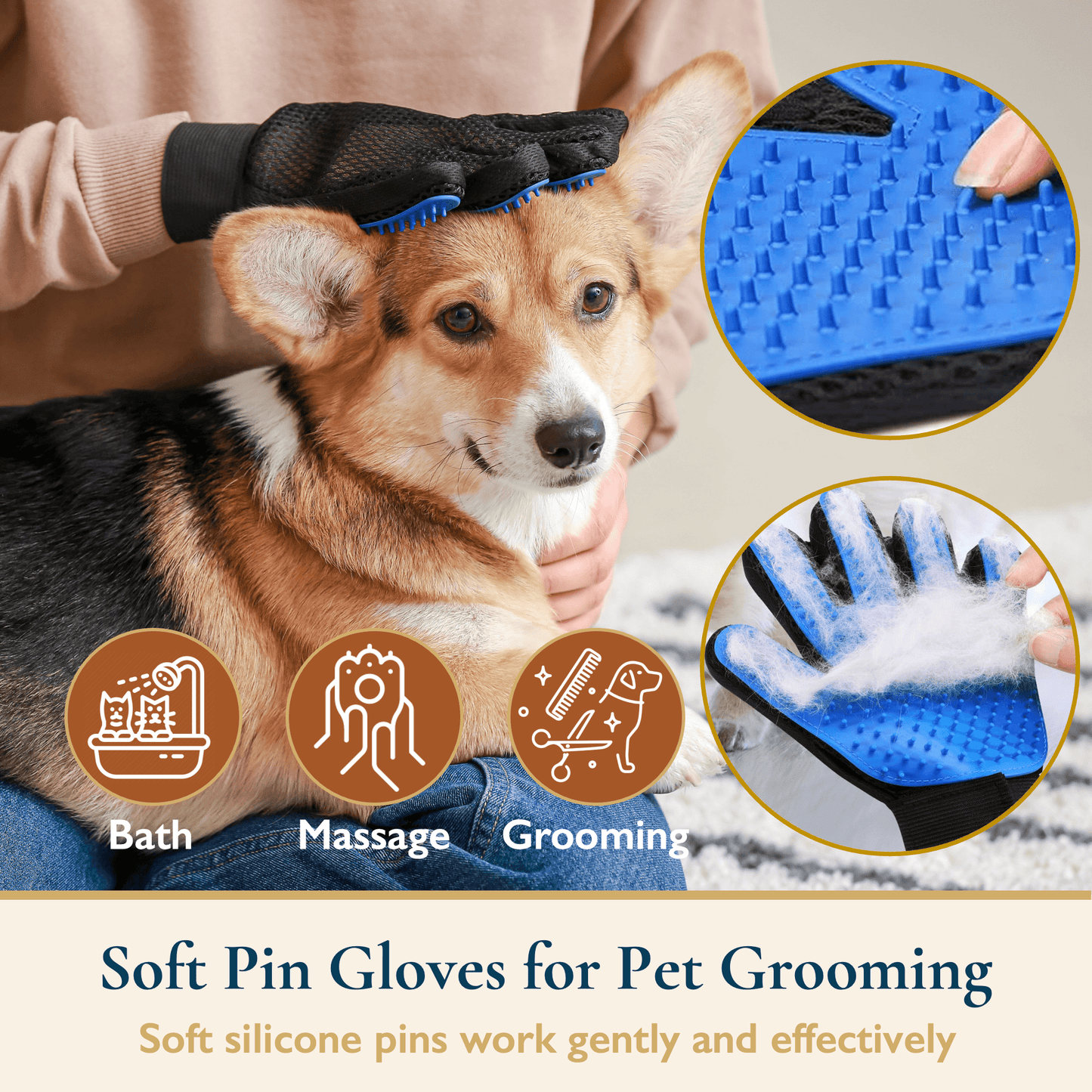 ComfiTime Pet Hair Remover & Pet Grooming Gloves Set, Dog/Cat Grooming Washing Gloves, Dog Brush Deshedding Tool, Reusable Lint Roller for Pet Hair, Dog/Cat Hair/Fur Remover for Carpet, Furniture