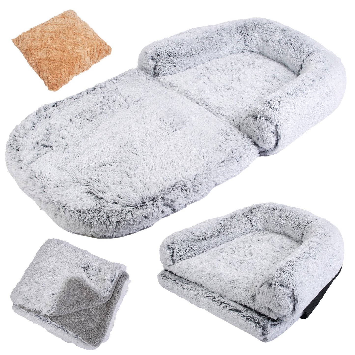 71x45x10in Human Size Dog Bed with Pillow Foldable Removable Flurry Plush Large Napping Bed for Kids Adults Pets Grey