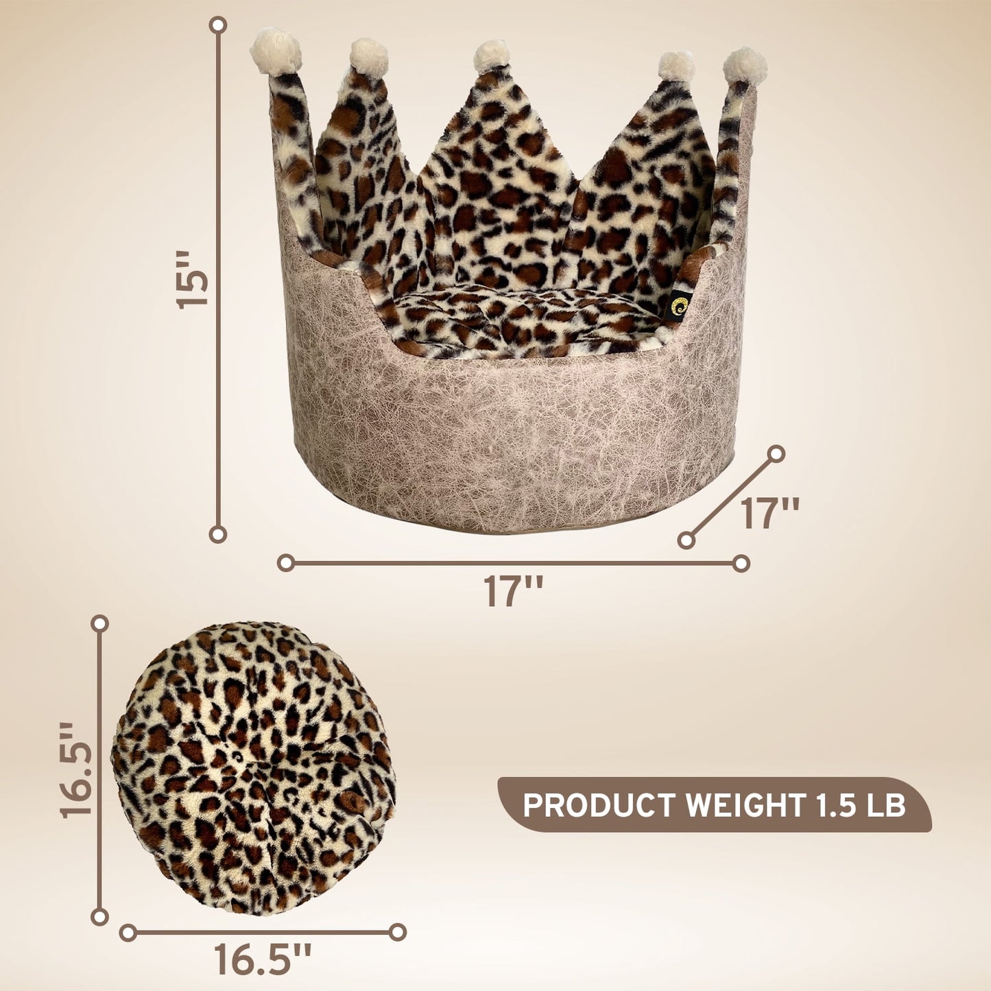 Precious Tails Luxury Leopard Print Crown-Shaped Bed for Small Dogs and Cats - Cozy, Stylish, and Plush Pet Bedding with Royal Design
