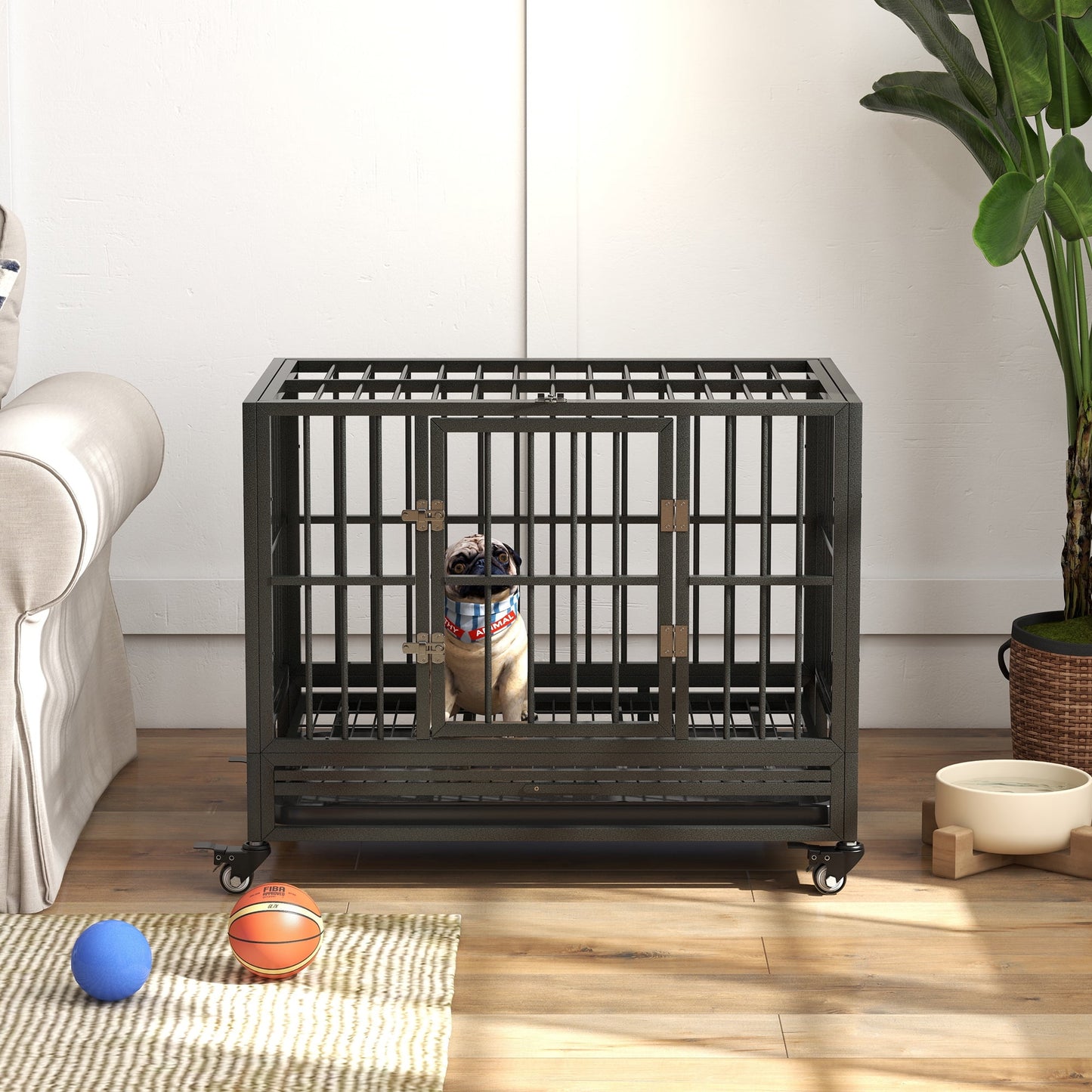 DUOSONG Pawhut 36" Heavy Duty Dog Crate Metal Cage Kennel With Lockable Wheels, Double Door And Removable Tray, Gray Grey Steel Pet Supplies Pet Beds & Furniture