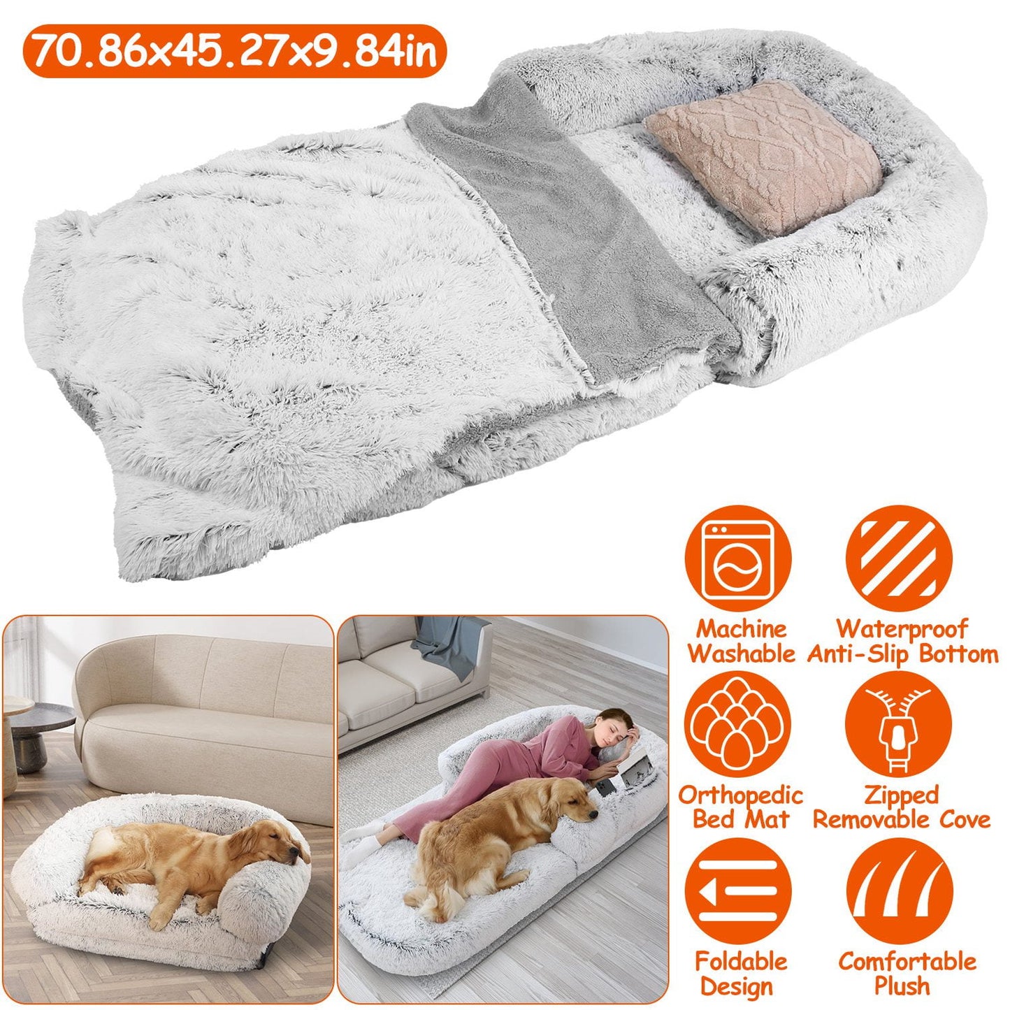 71x45x10in Human Size Dog Bed with Pillow Foldable Removable Flurry Plush Large Napping Bed for Kids Adults Pets Grey