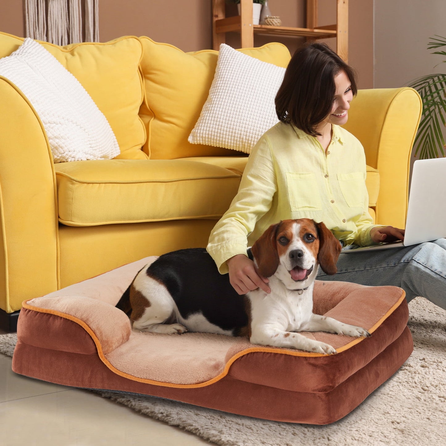 GIANNA 28"x23" Supportive Memory Foam Orthopedic Dog Bed, With Washable Removable Cover, Non-Slip Base, Waterproof, Brown