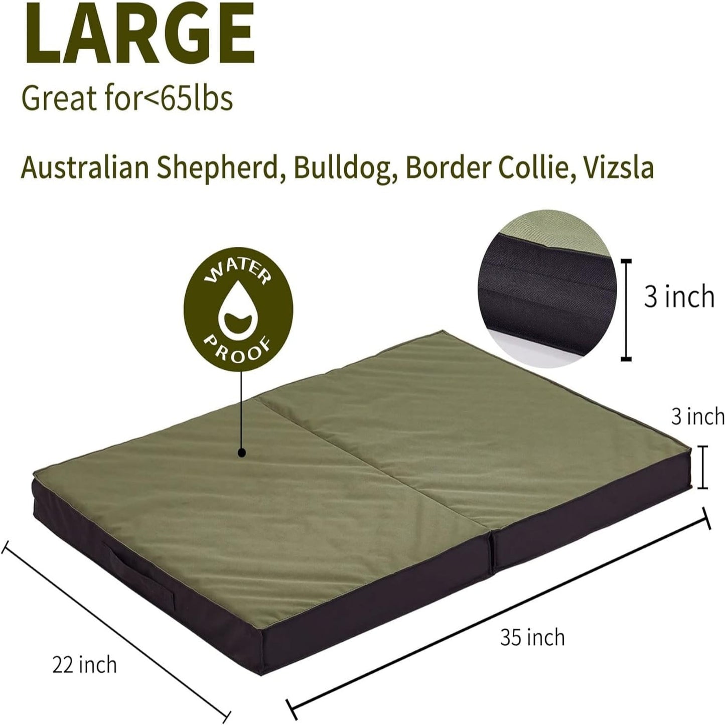 WATANIYA Foldable Travel Dog Bed, Outdoor Waterproof Orthopedic Pet Bed Mattress, Green