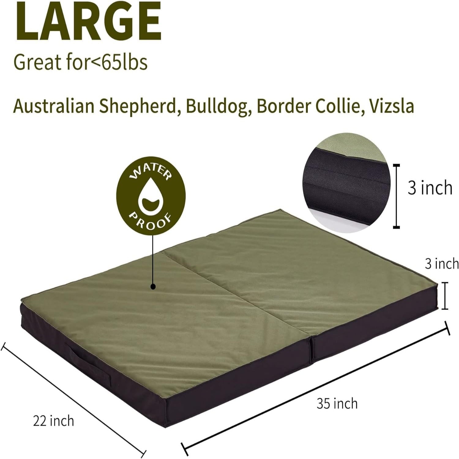 WATANIYA Foldable Travel Dog Bed, Outdoor Waterproof Orthopedic Pet Bed Mattress, Green