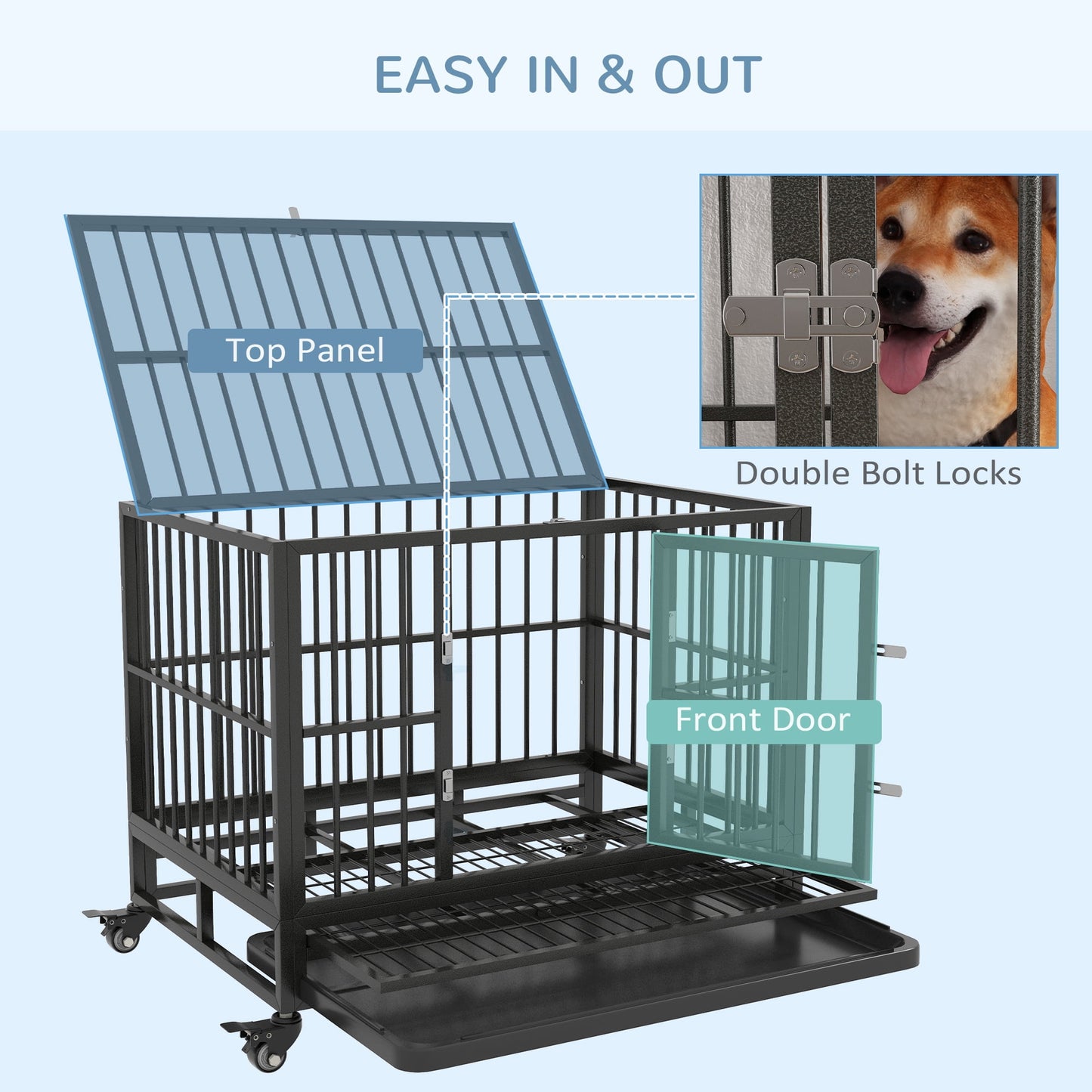 DUOSONG Pawhut 36" Heavy Duty Dog Crate Metal Cage Kennel With Lockable Wheels, Double Door And Removable Tray, Gray Grey Steel Pet Supplies Pet Beds & Furniture