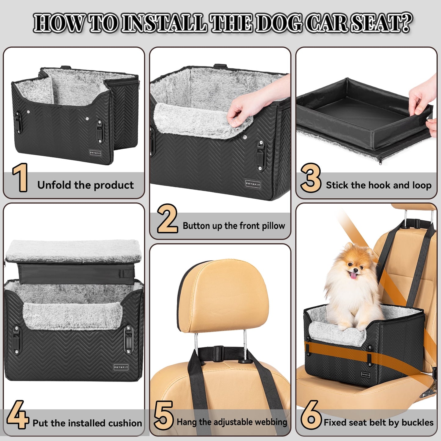 PETSFIT Dog Car Seat, Waterproof PU Leather Dog Carseat with Patent Safe Buckles, Clip-On Leash, Pet Travel Carrier Bed for Small Pets Up to 25lbs (Black)