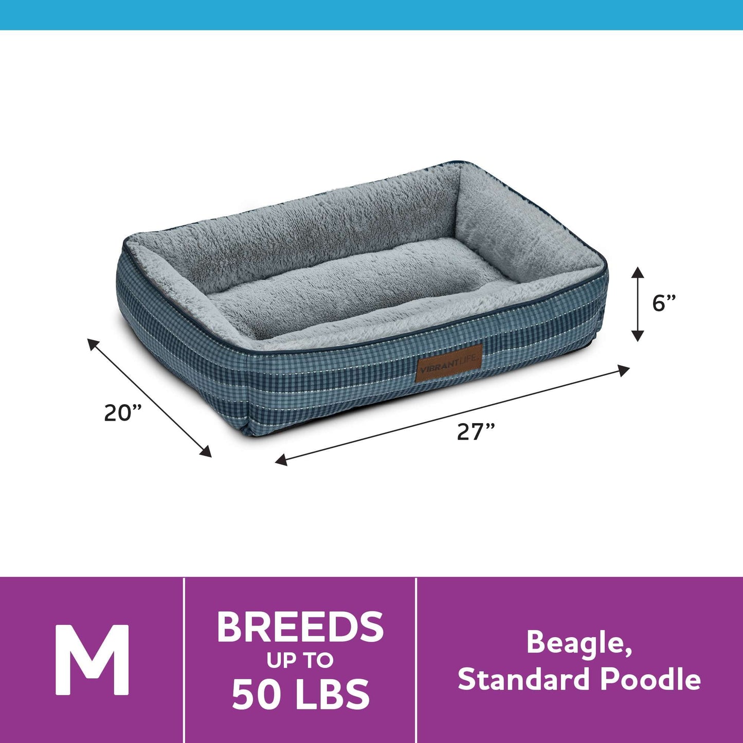 (2 pack) Vibrant Life Lounger Dog Bed, Blue, Machine Washable, Plush, Medium, 27" x 20"