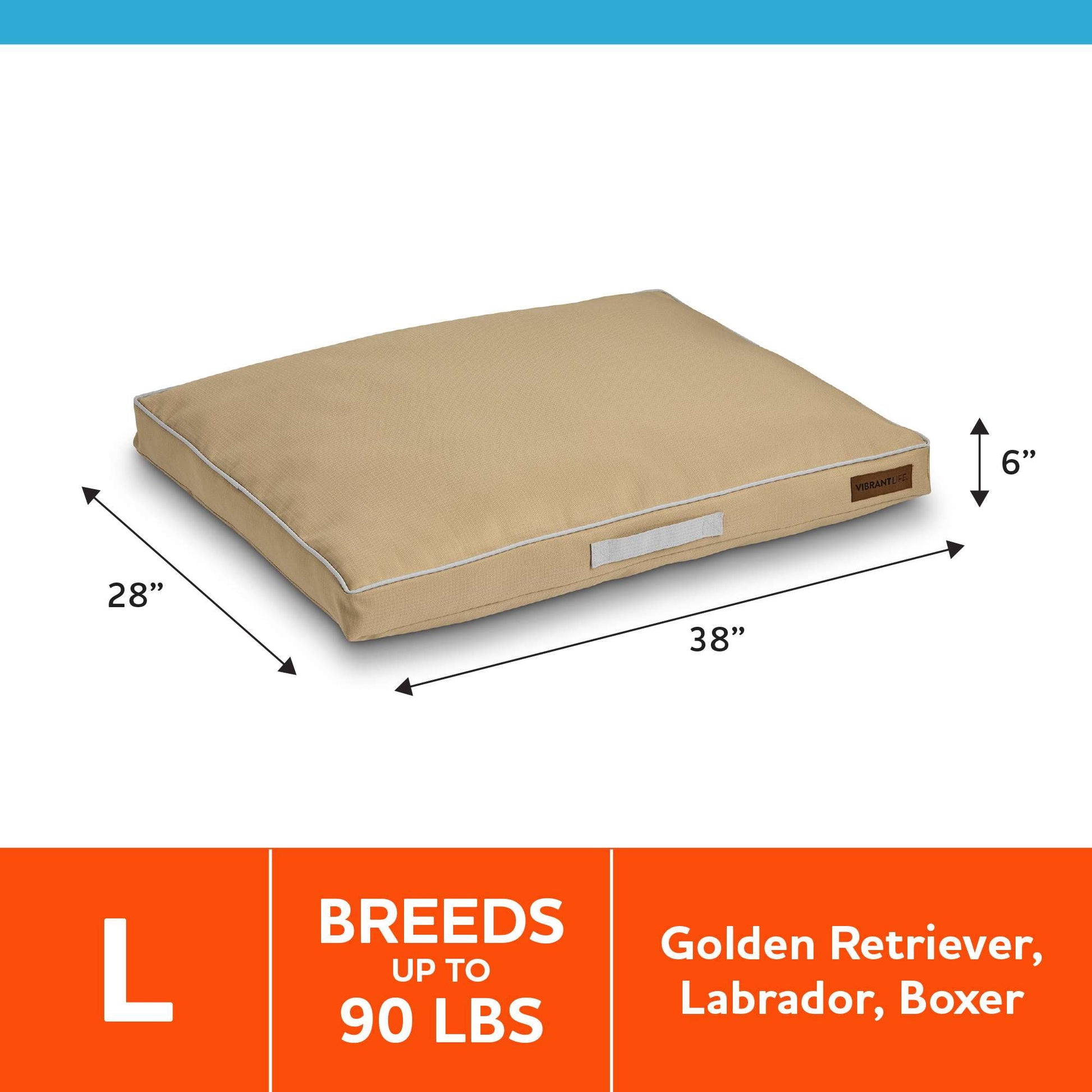 Vibrant Life Travel Durable Dog Bed, Large Gusseted, Warm Sand 38" x 28"