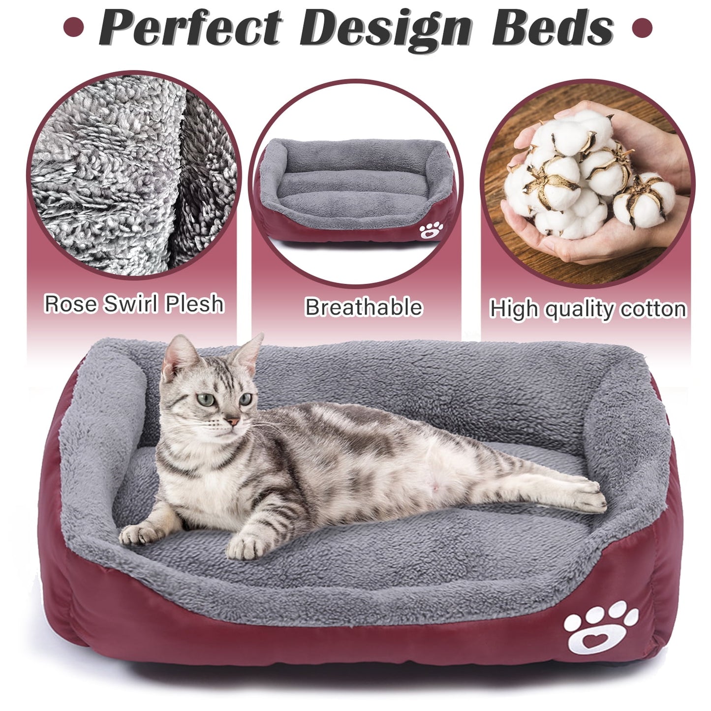 PinkSheep Dog Bed Washable Pet Cat Beds for Small Puppy Medium Dogs Cats, Wine Red