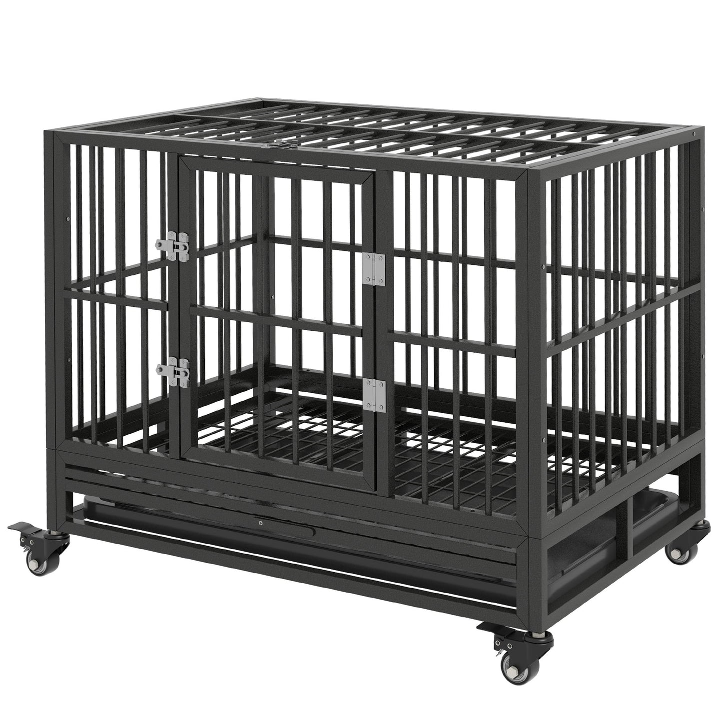 DUOSONG Pawhut 36" Heavy Duty Dog Crate Metal Cage Kennel With Lockable Wheels, Double Door And Removable Tray, Gray Grey Steel Pet Supplies Pet Beds & Furniture