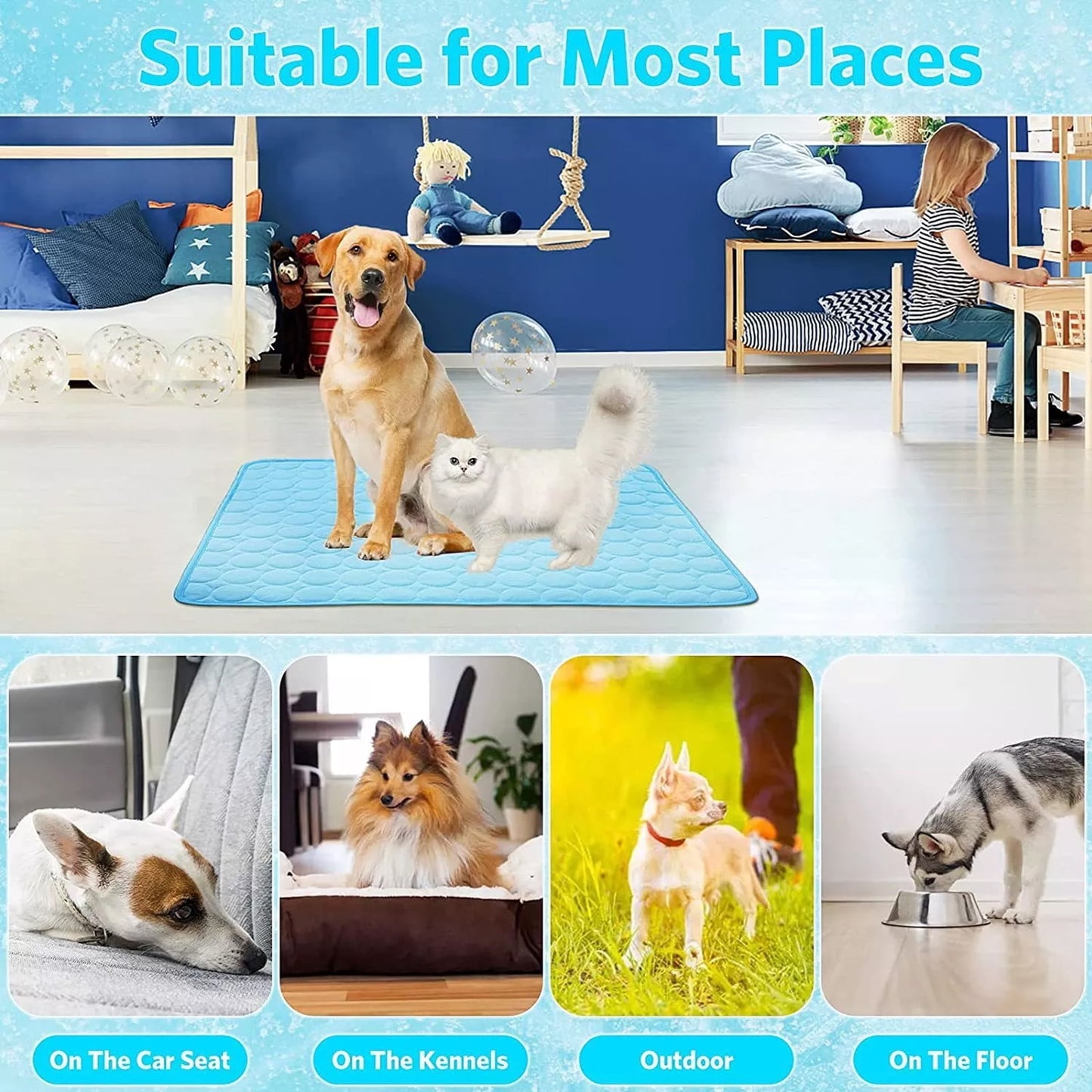 Soapow Pet Dog Cooling Mat, Foldable Self Cooling Pad, No Water or Refrigeration Required, Ice Silk Washable Sleeping Kennel Mat for Dog Cat Rabbit and Guinea Pig Cages, Large