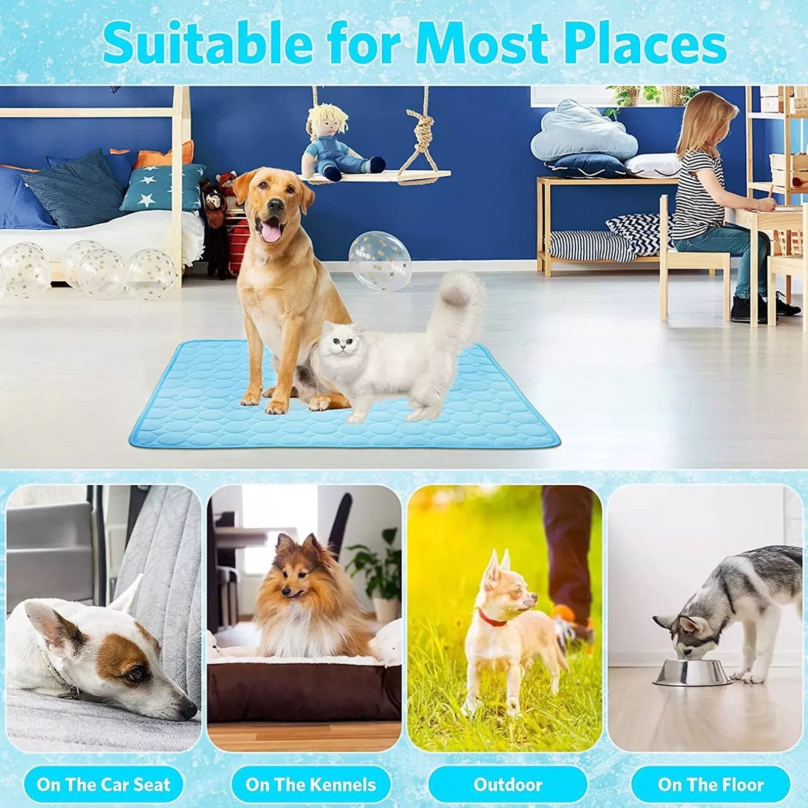 Soapow Pet Dog Cooling Mat, Foldable Self Cooling Pad, No Water or Refrigeration Required, Ice Silk Washable Sleeping Kennel Mat for Dog Cat Rabbit and Guinea Pig Cages, Large